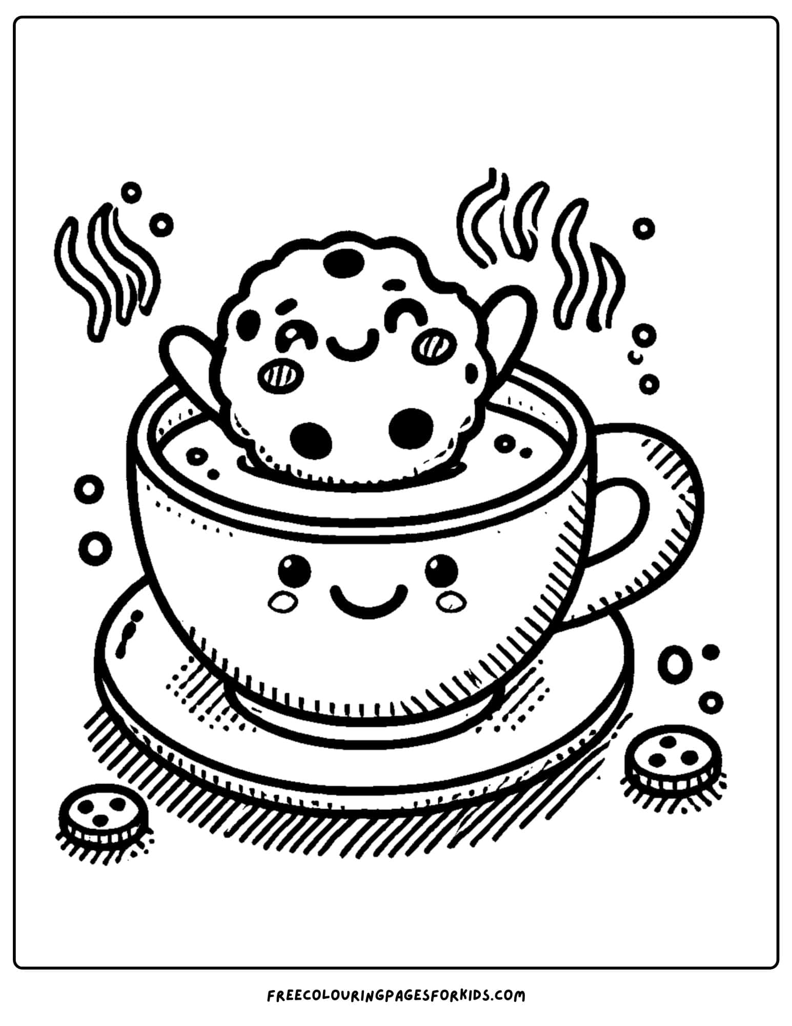 cookies dipping in a cup of tea or coffee coloring page