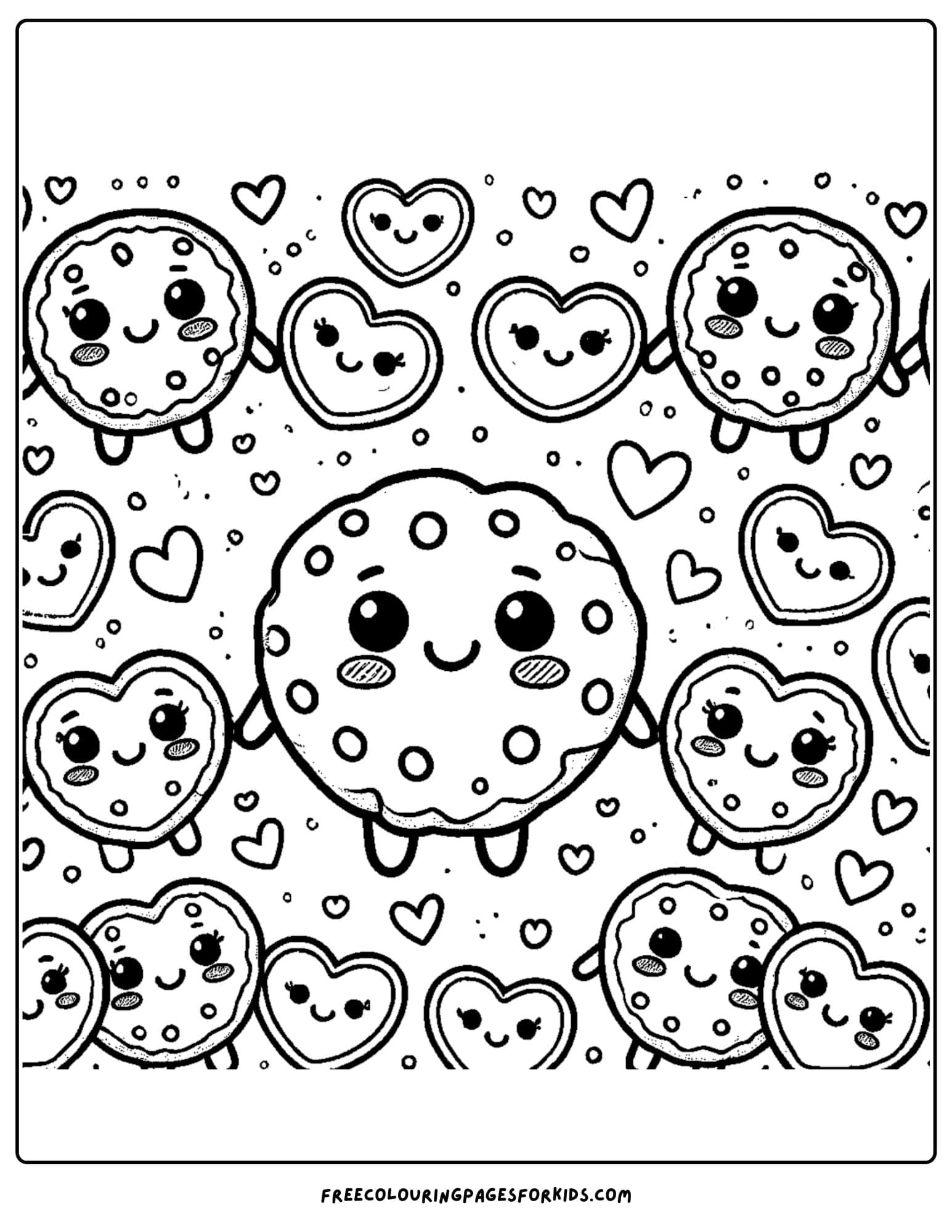 cookies holding hands with hearts around coloring page