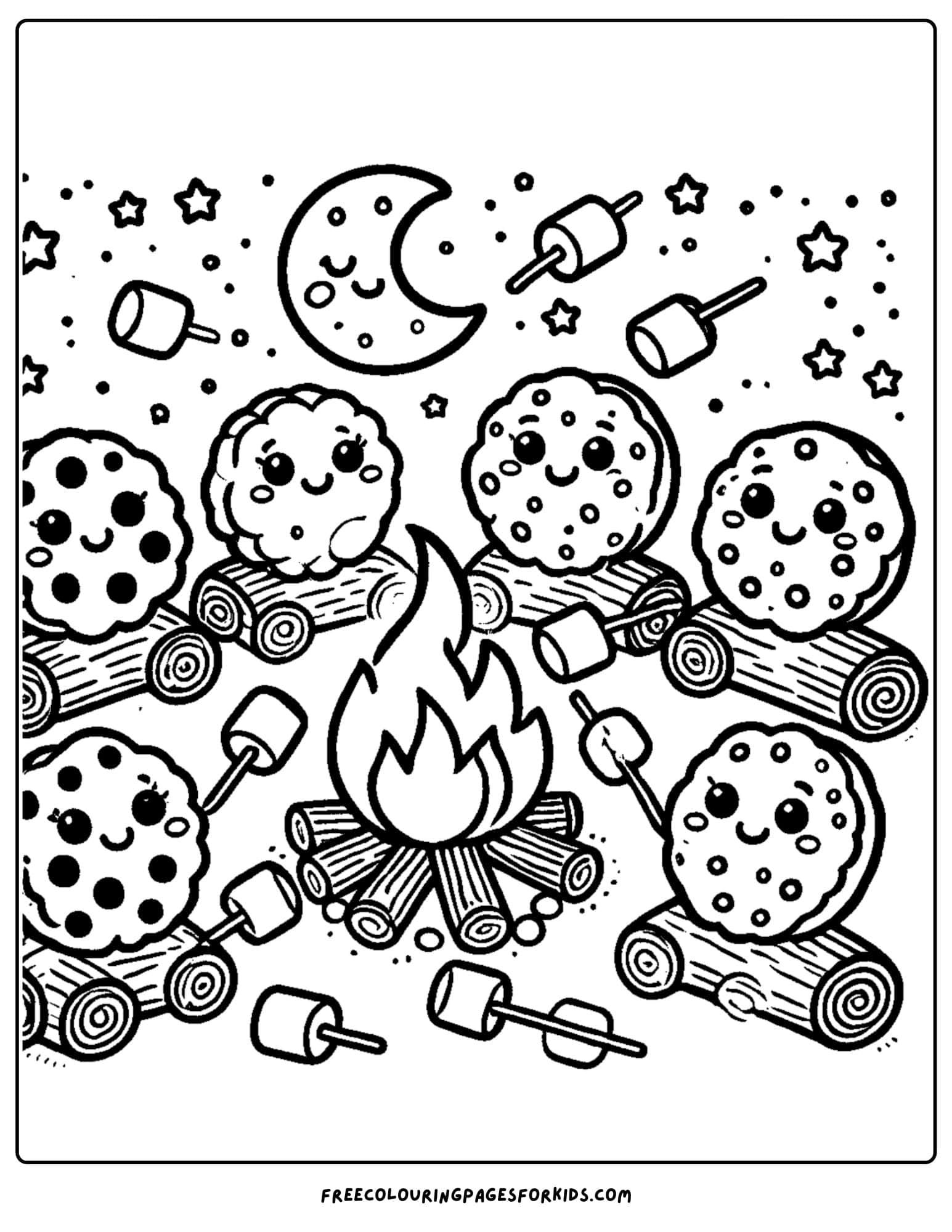 cookies around a campfire coloring page