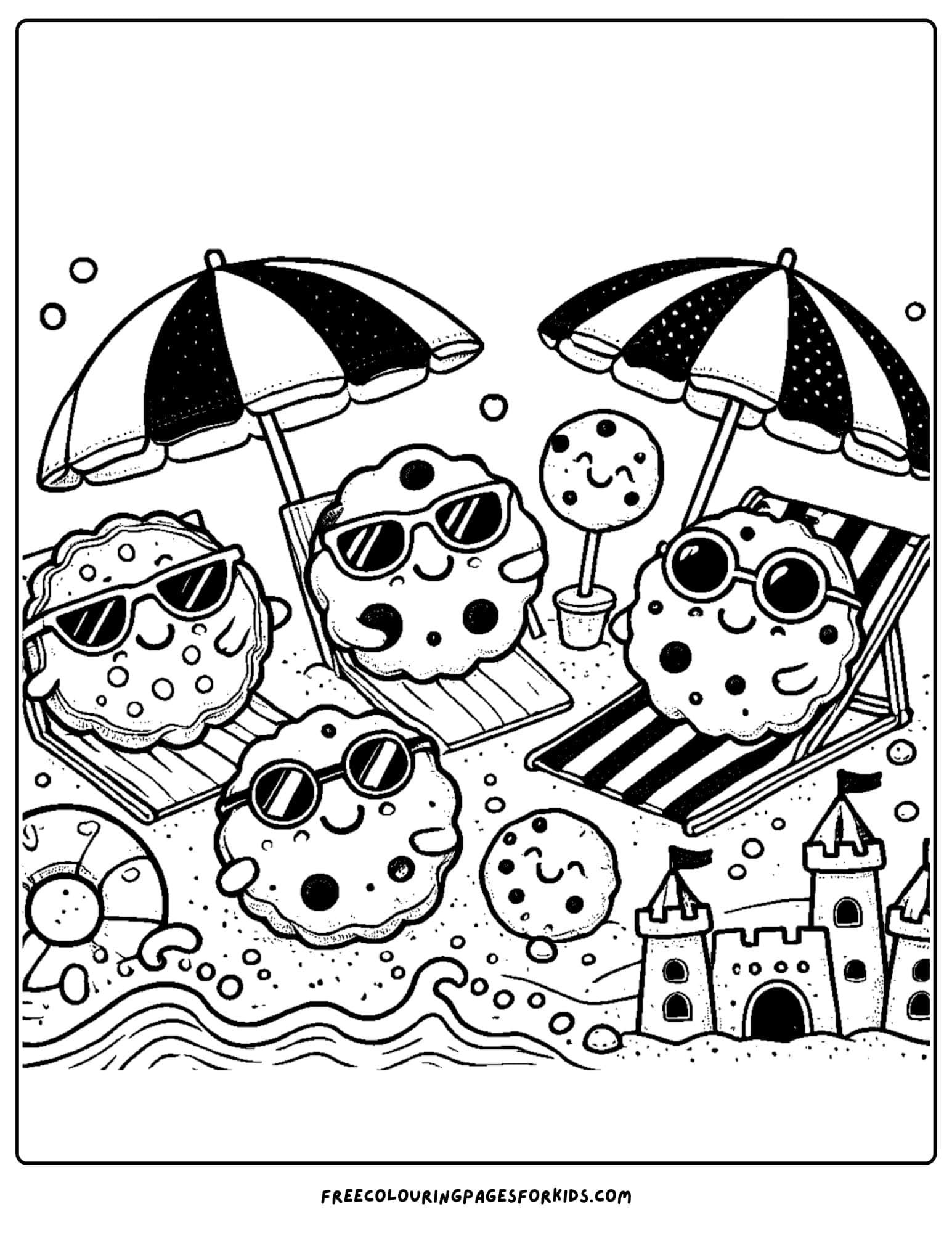 cookies wearing sunglasses on the beach coloring page