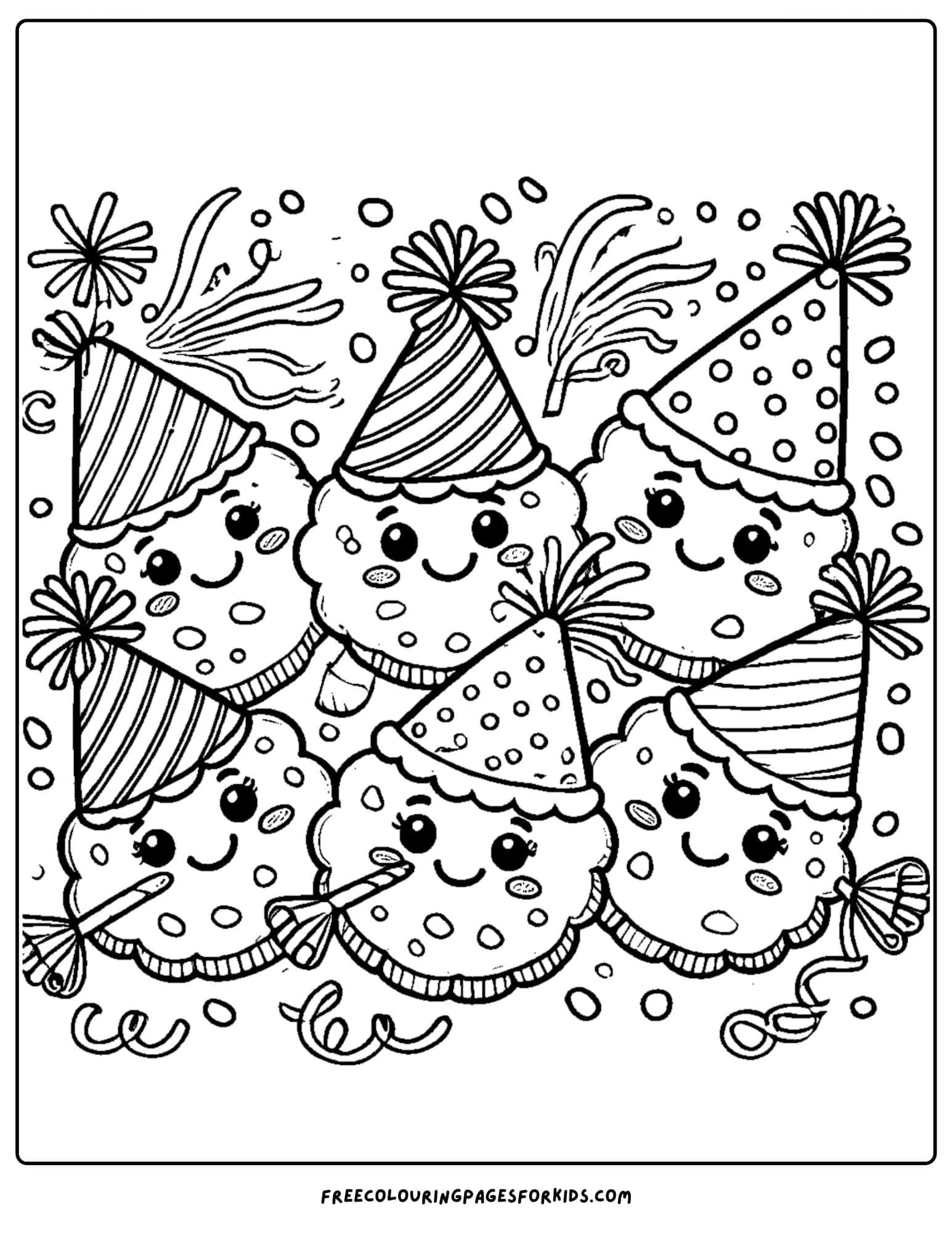 cookies wearing party hats coloring page