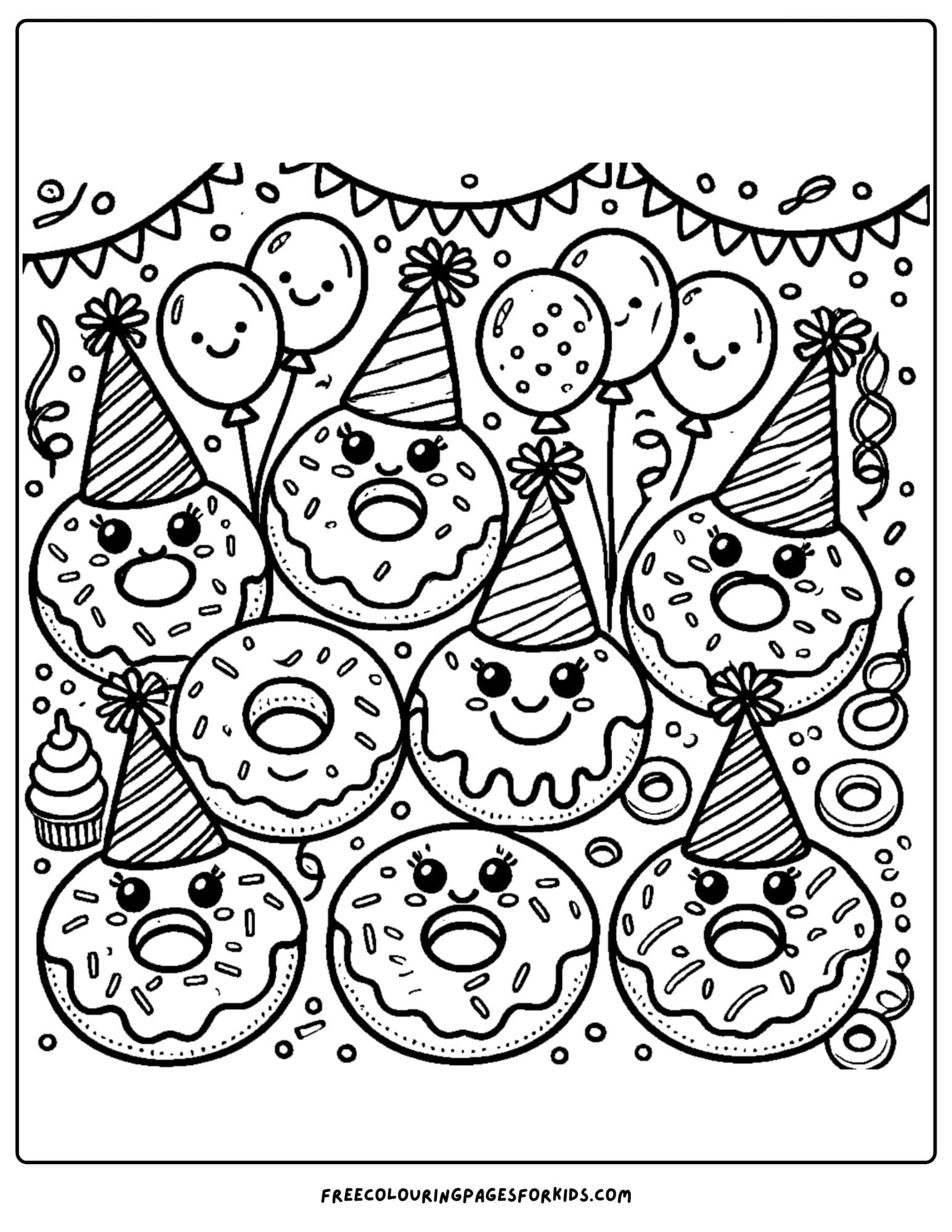 donuts wearing party hats coloring page