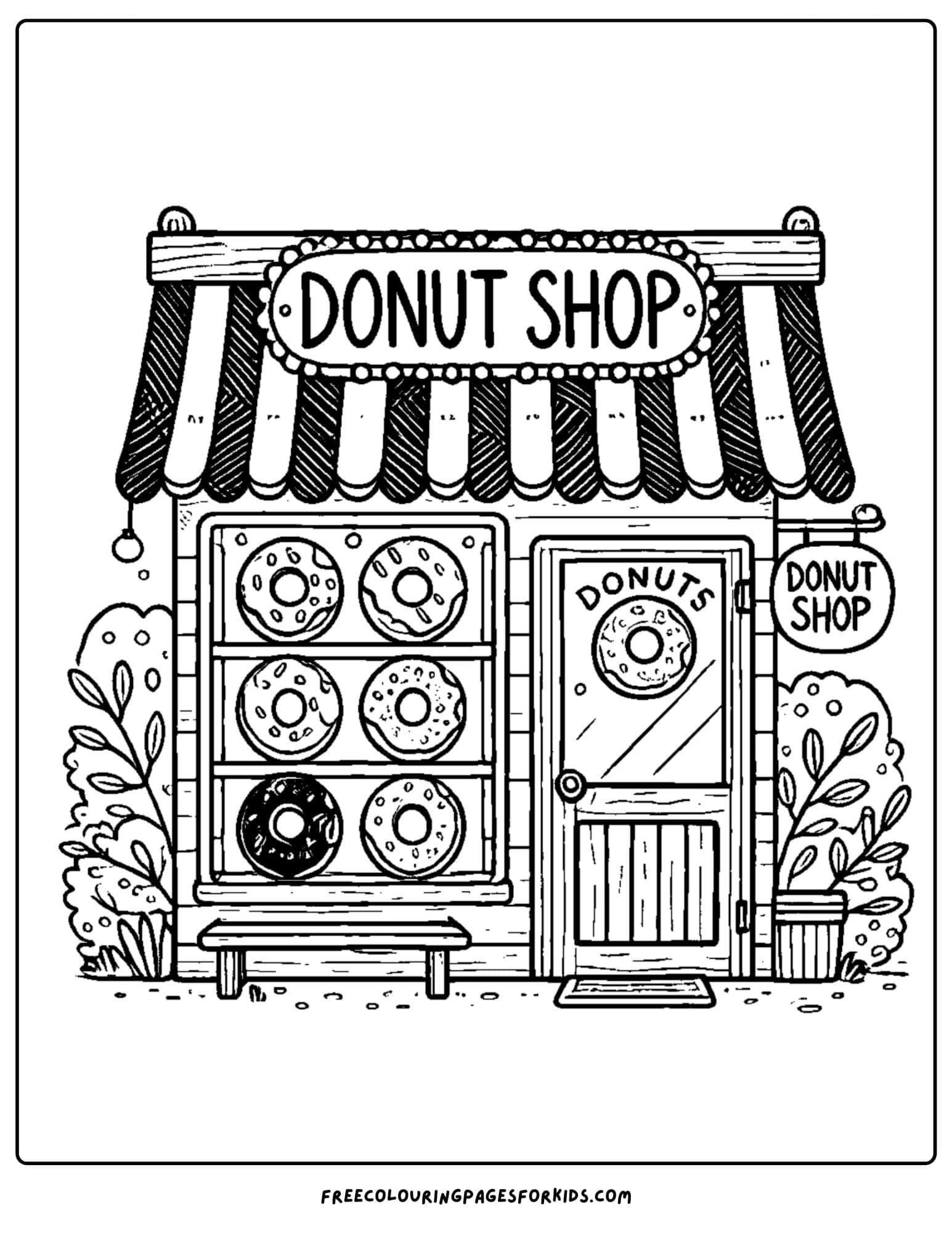 donut shop window full of donuts coloring page