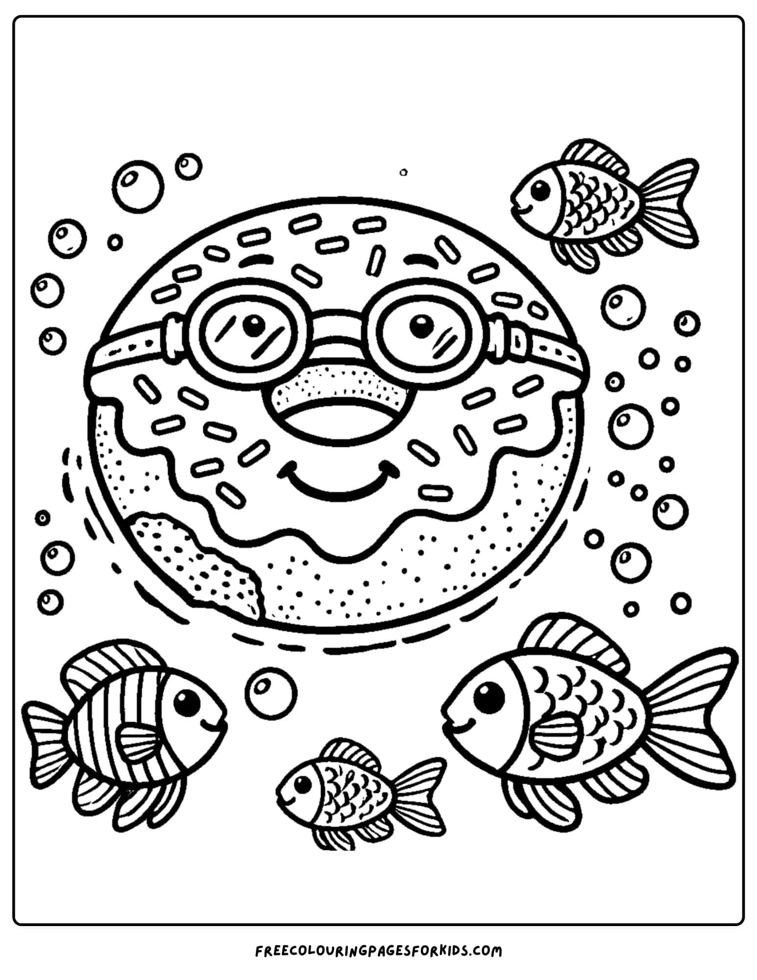 donut swimming with the fish coloring page