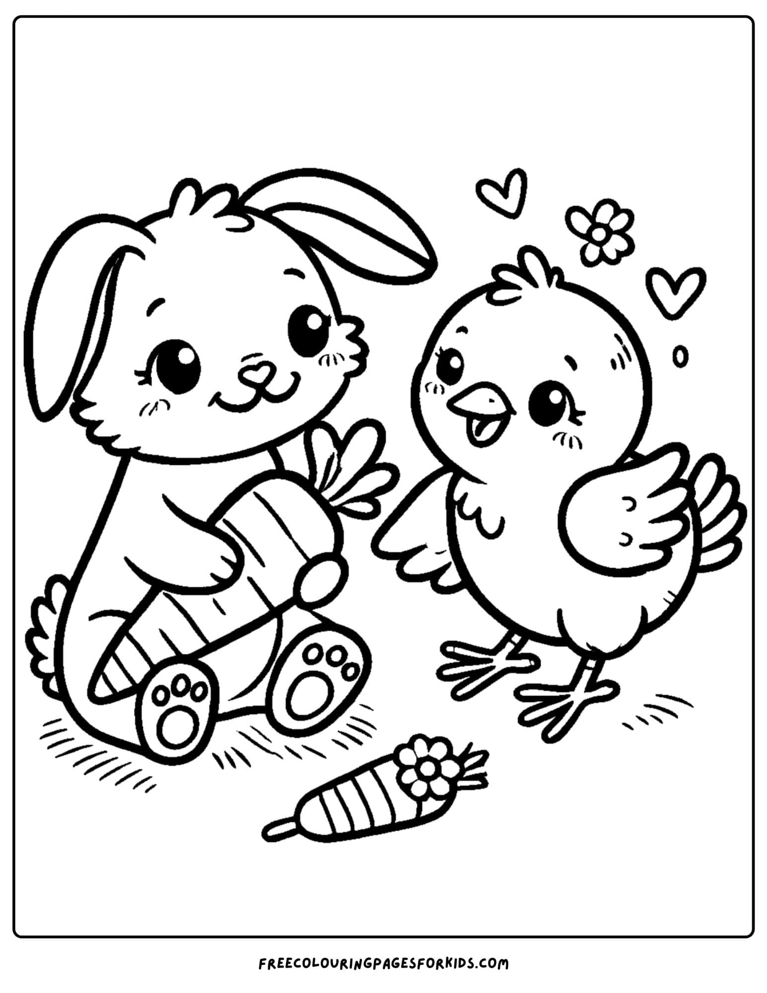 easter bunny and a chick coloring page