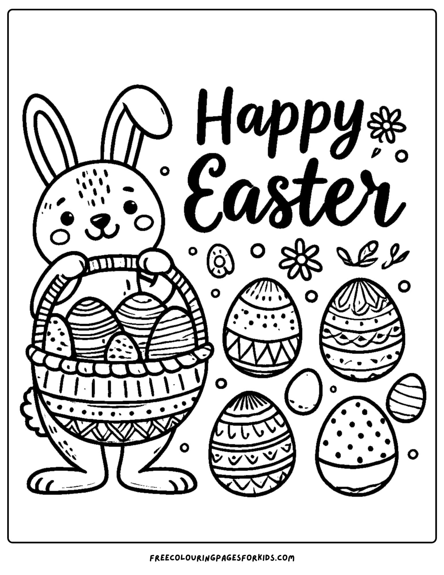 easter bunny holding a basket of eggs coloring page