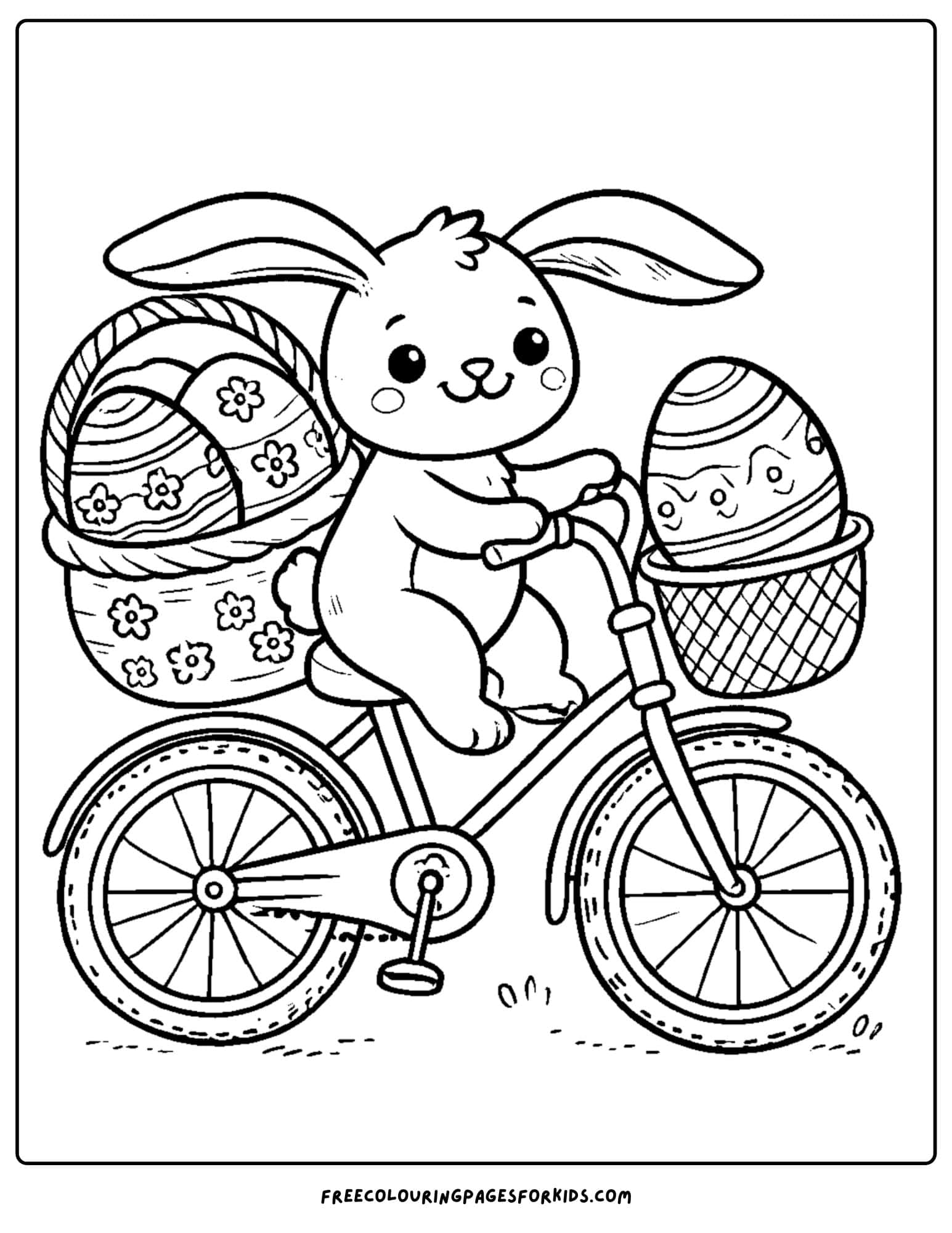 easter bunny riding a bike with easter eggs aboard coloring page