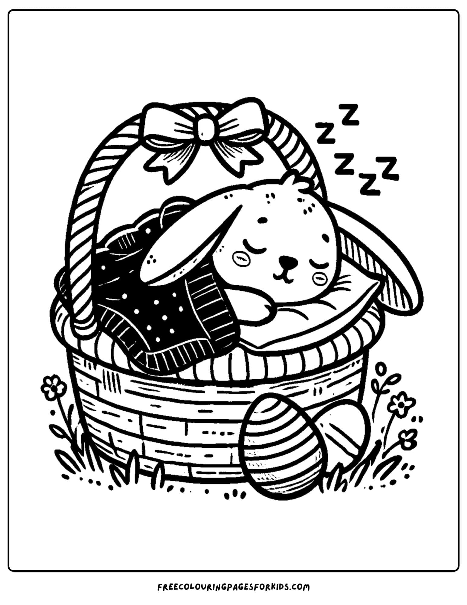 easter bunny sleeping in a basket coloring page