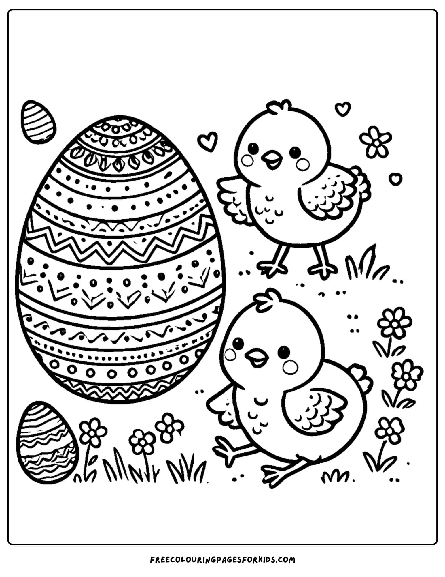 easter chicks playing with an easter egg coloring page