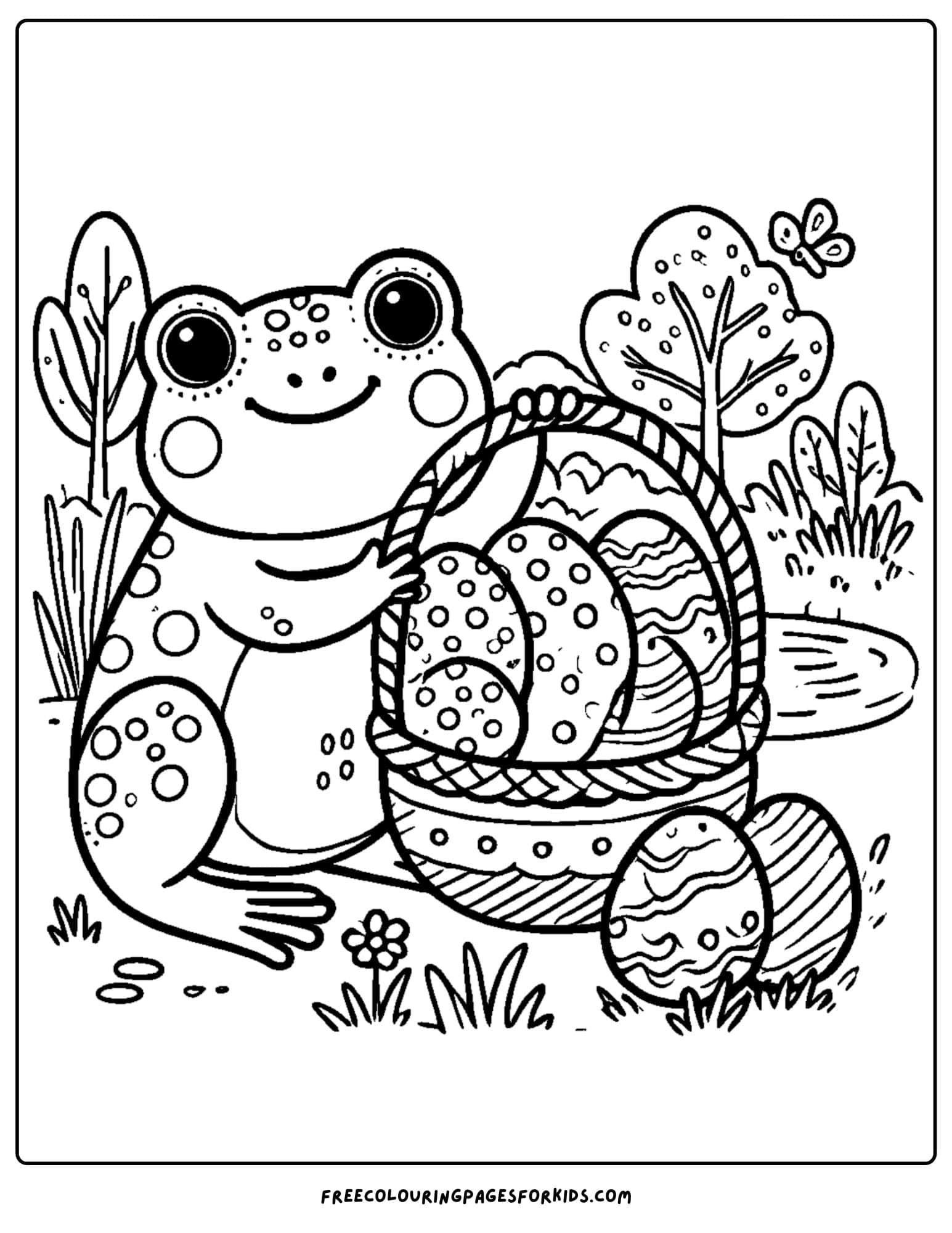 easter basket with eggs and a frog coloring page