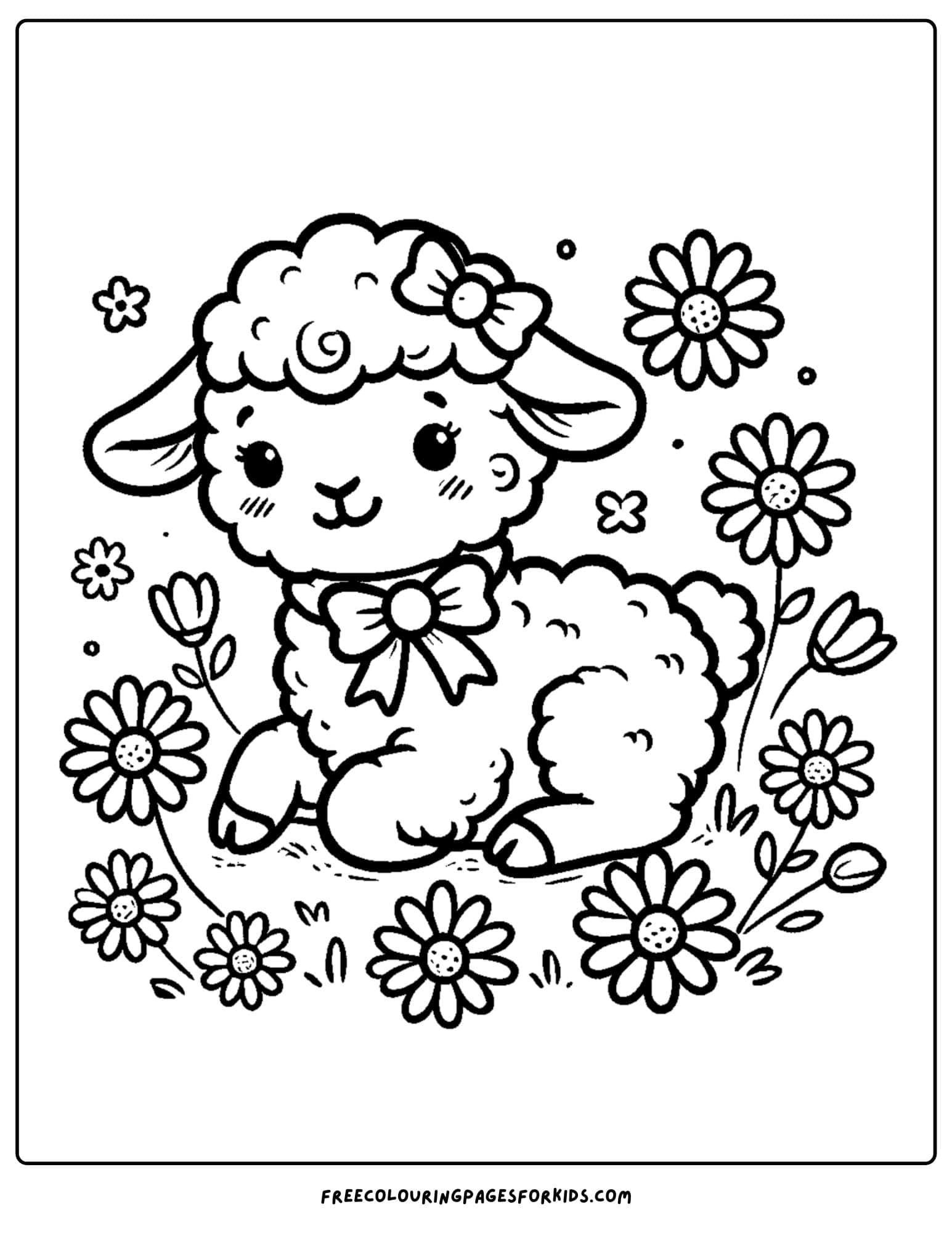 easter lamb with daises around coloring page