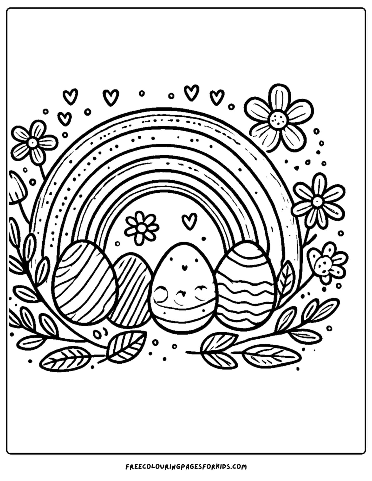 easter rainbow with eggs at the bottom coloring page