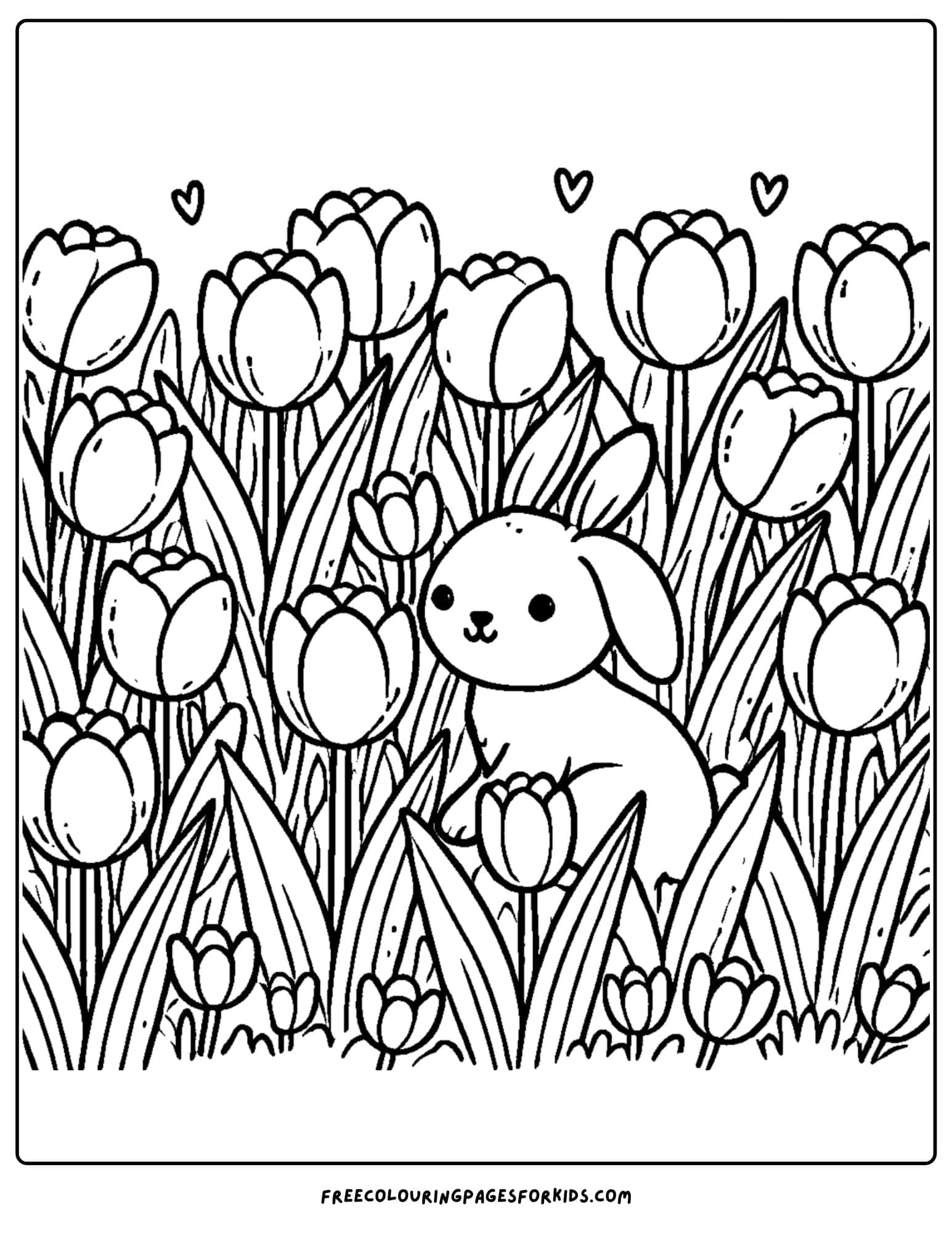 easter bunny amongst tulips coloring page