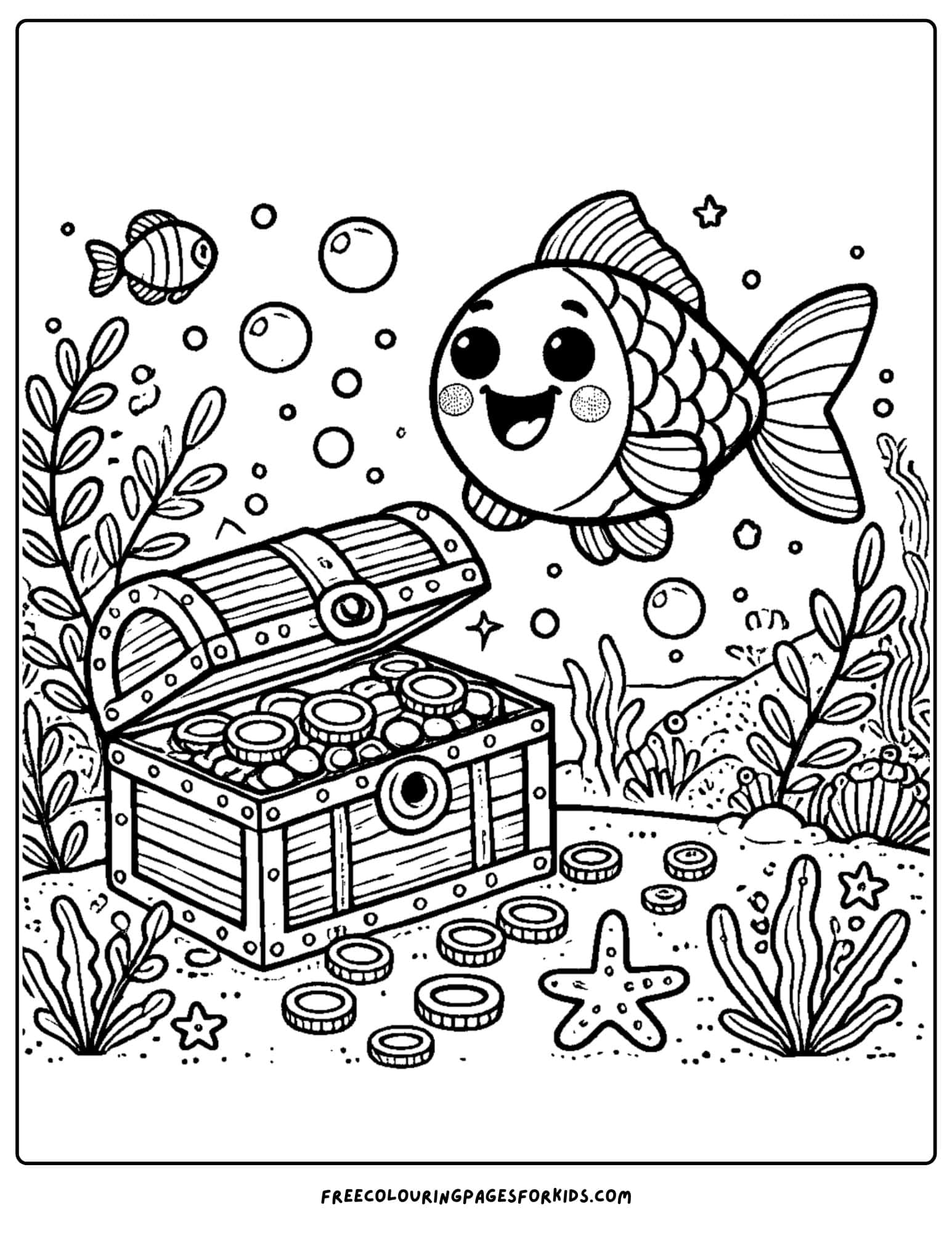 fish finding treasure coloring page