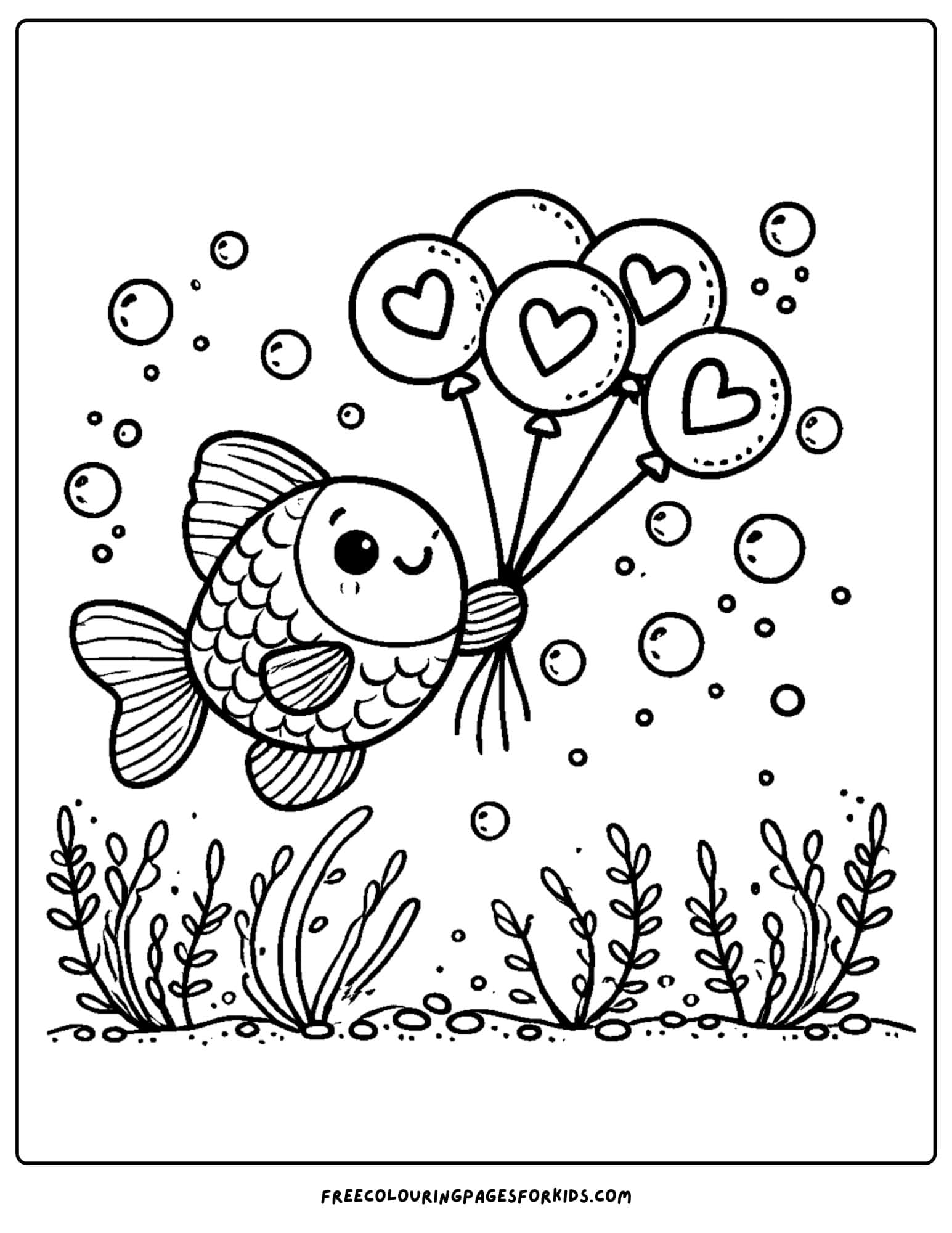 fish holding heart balloons coloring page