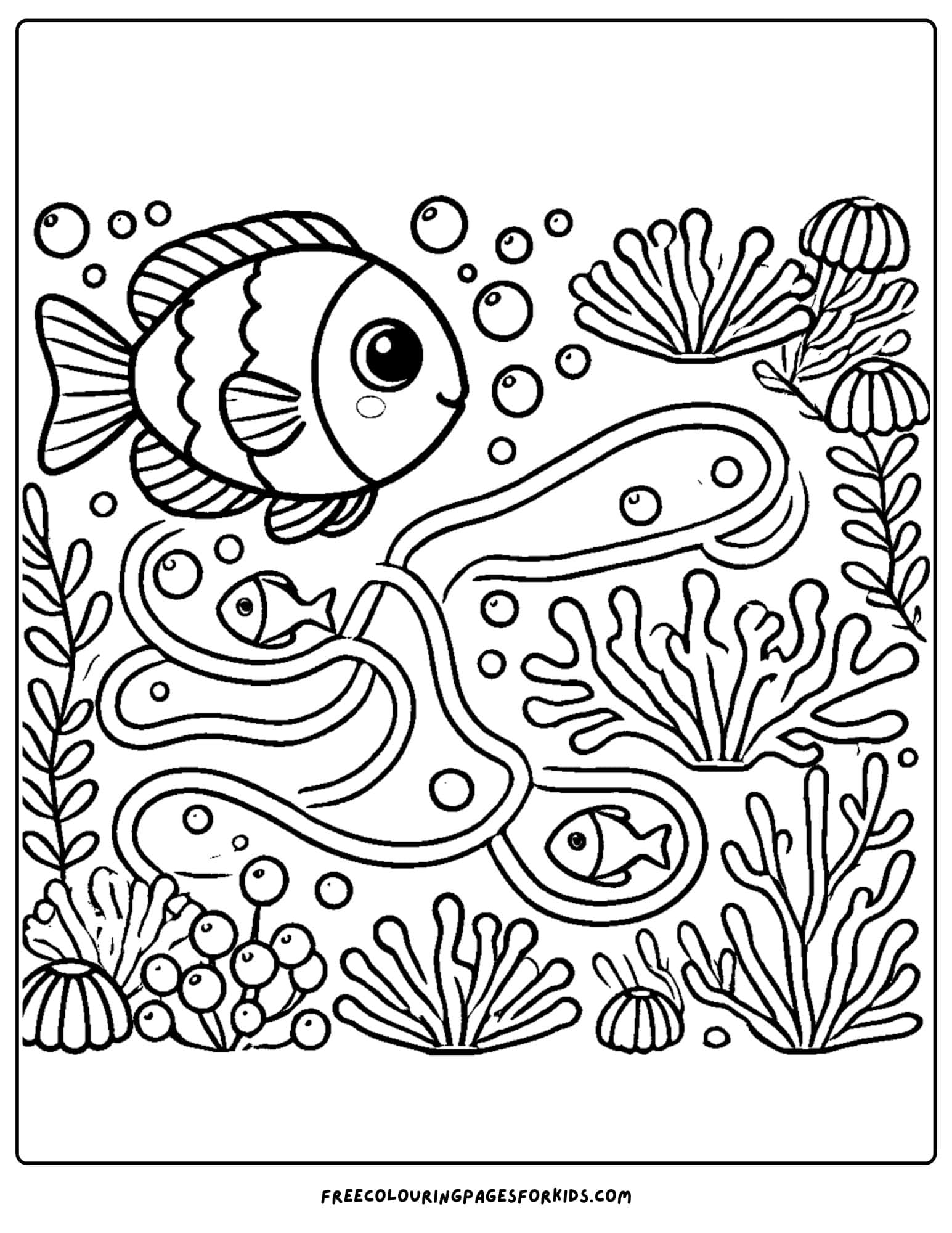 fish swimming around a coral reef coloring page