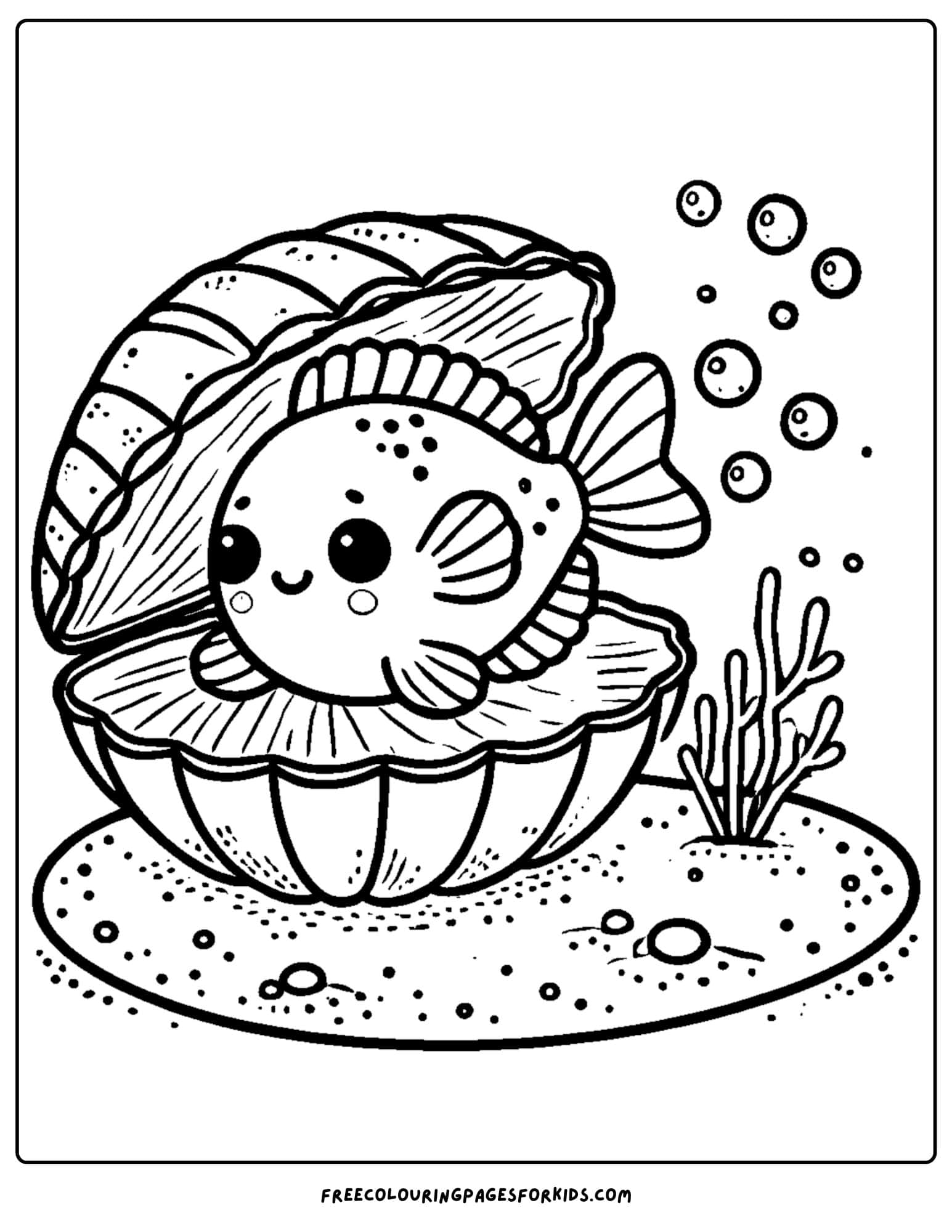 fish peaking from a clamshell coloring page