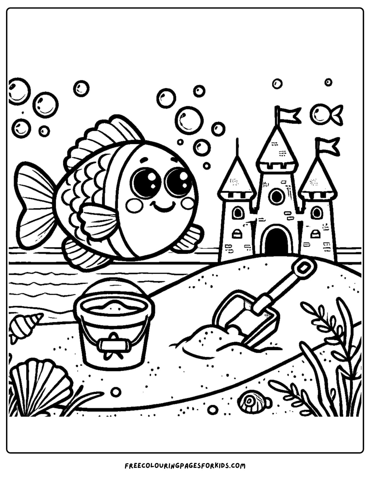 fish making a sandcastle coloring page