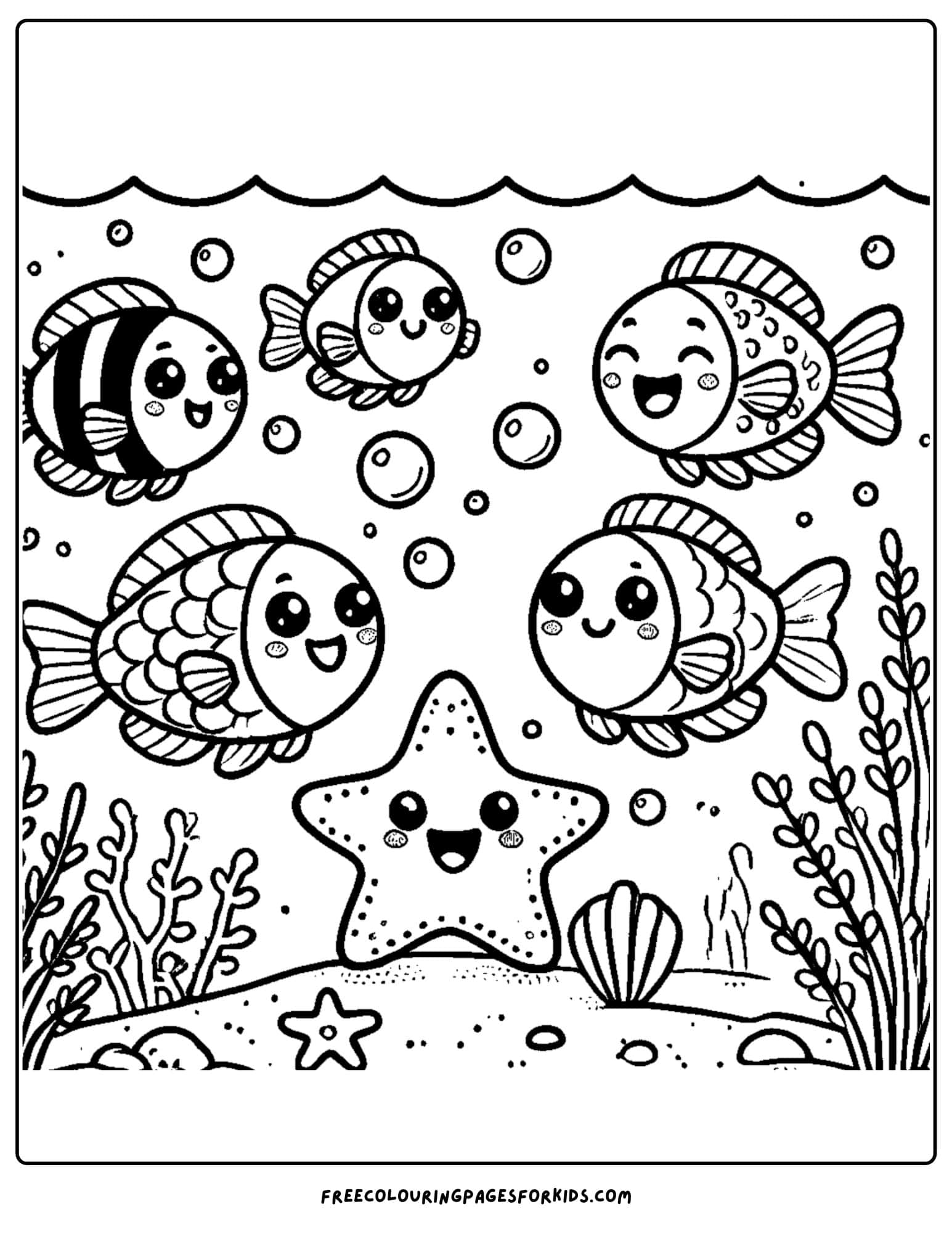 fish playing with a starfish coloring page