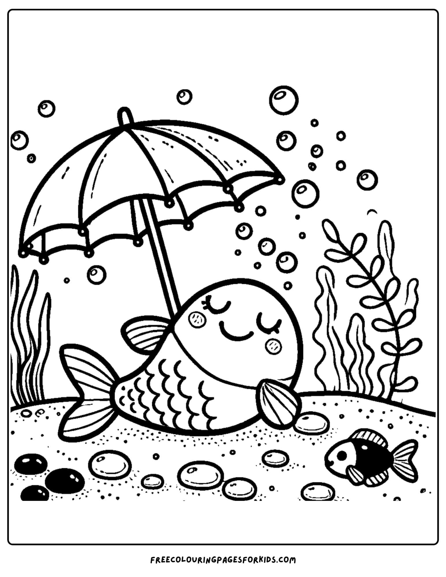 fish relaxing under an underwater umbrella coloring page