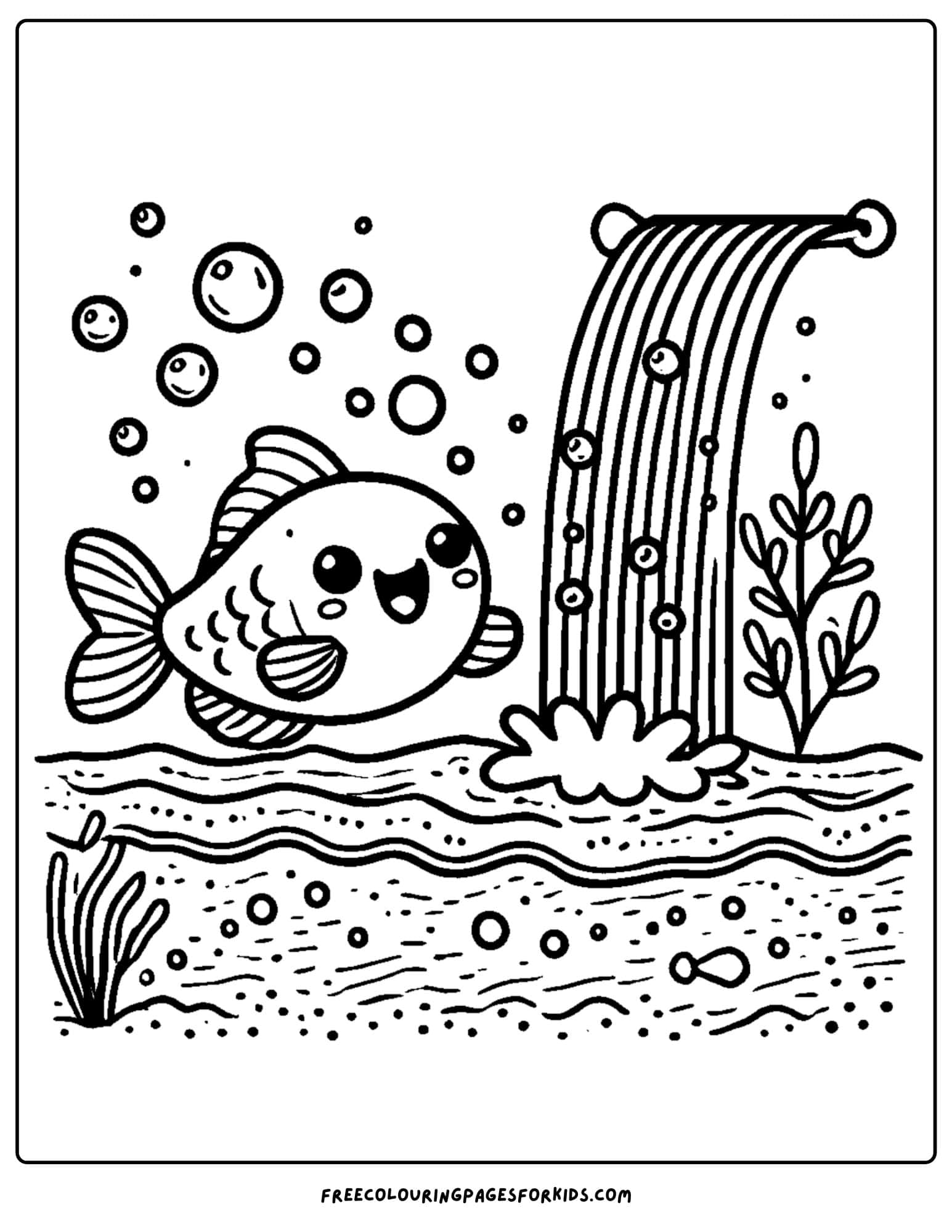 fish splashing at an underwater waterfall coloring page