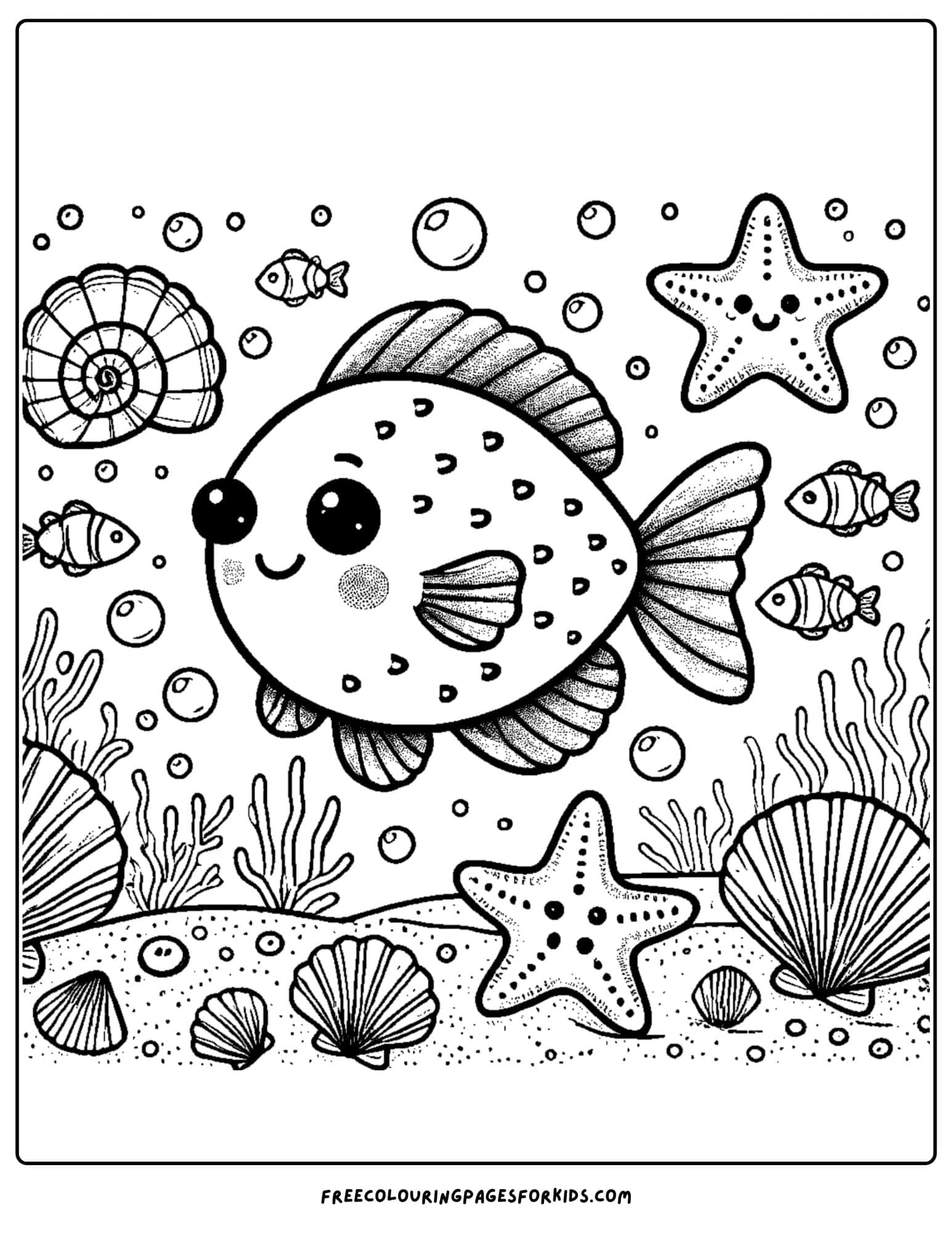 fish surrounded by starfish and shells coloring page