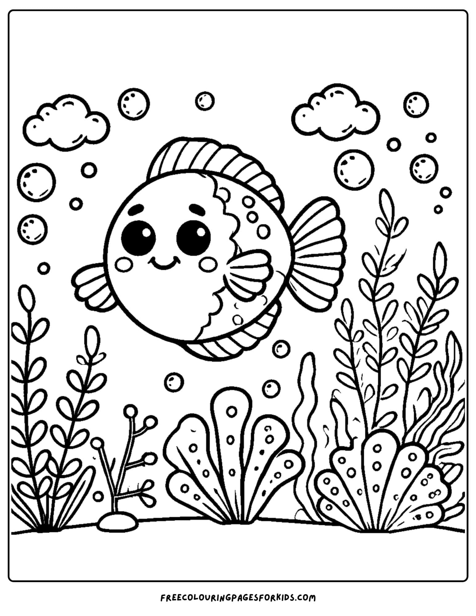 fish swimming at a coral reef coloring page