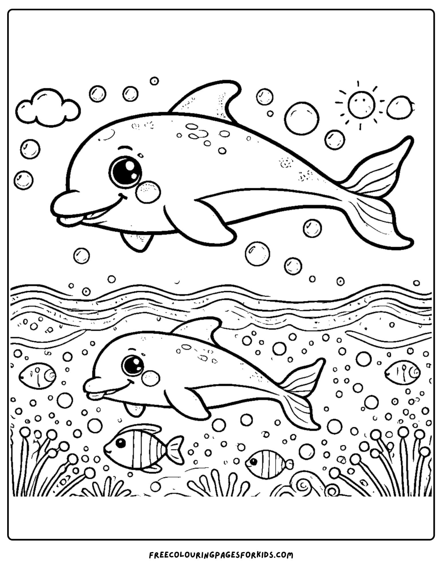 fish swimming with dolphins coloring page