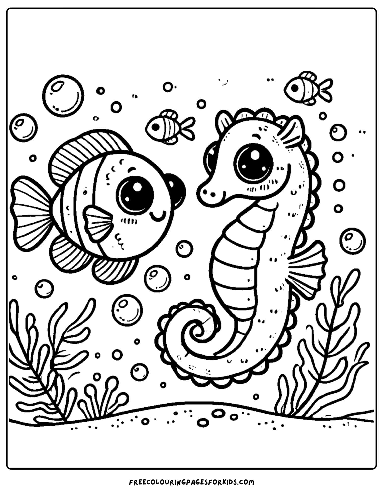 fish and a seahorse coloring page