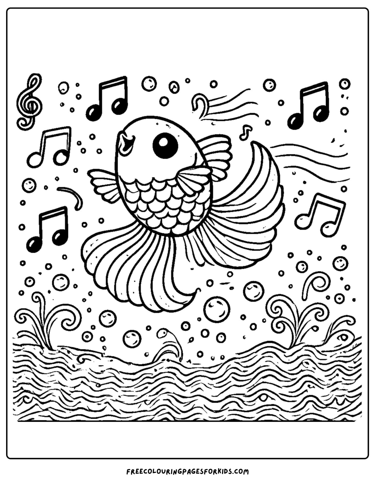 fish singing with music notes around coloring page