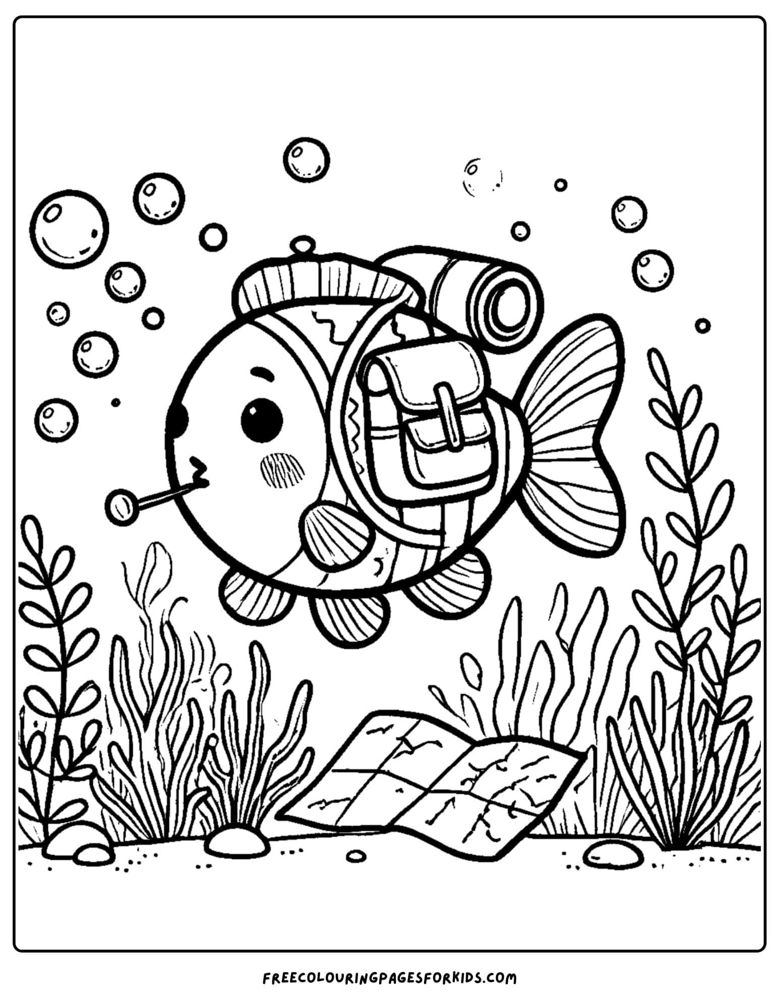 fish wearing a backpack coloring page