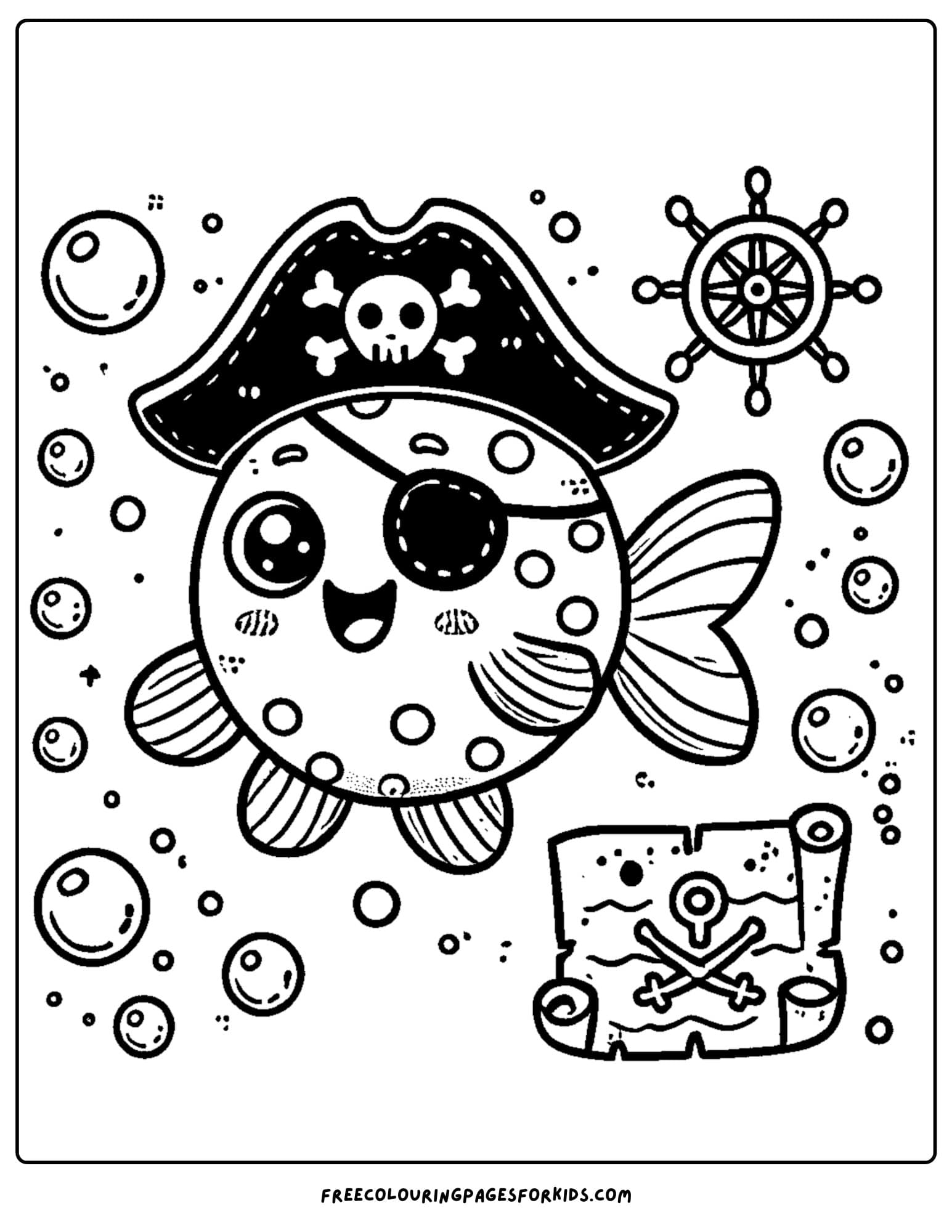 fish dressed up as a pirate coloring page