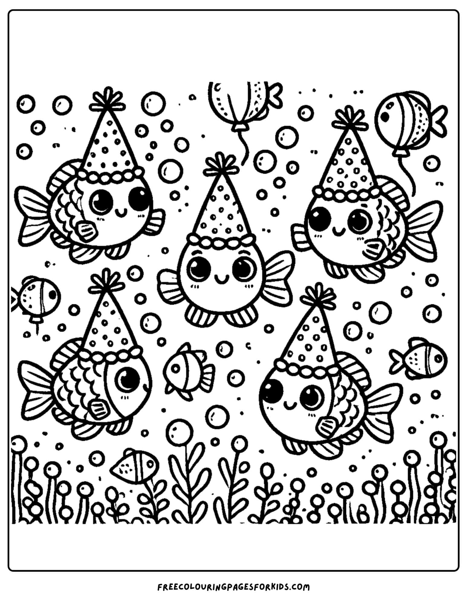 fish wearing tiny party hats coloring page