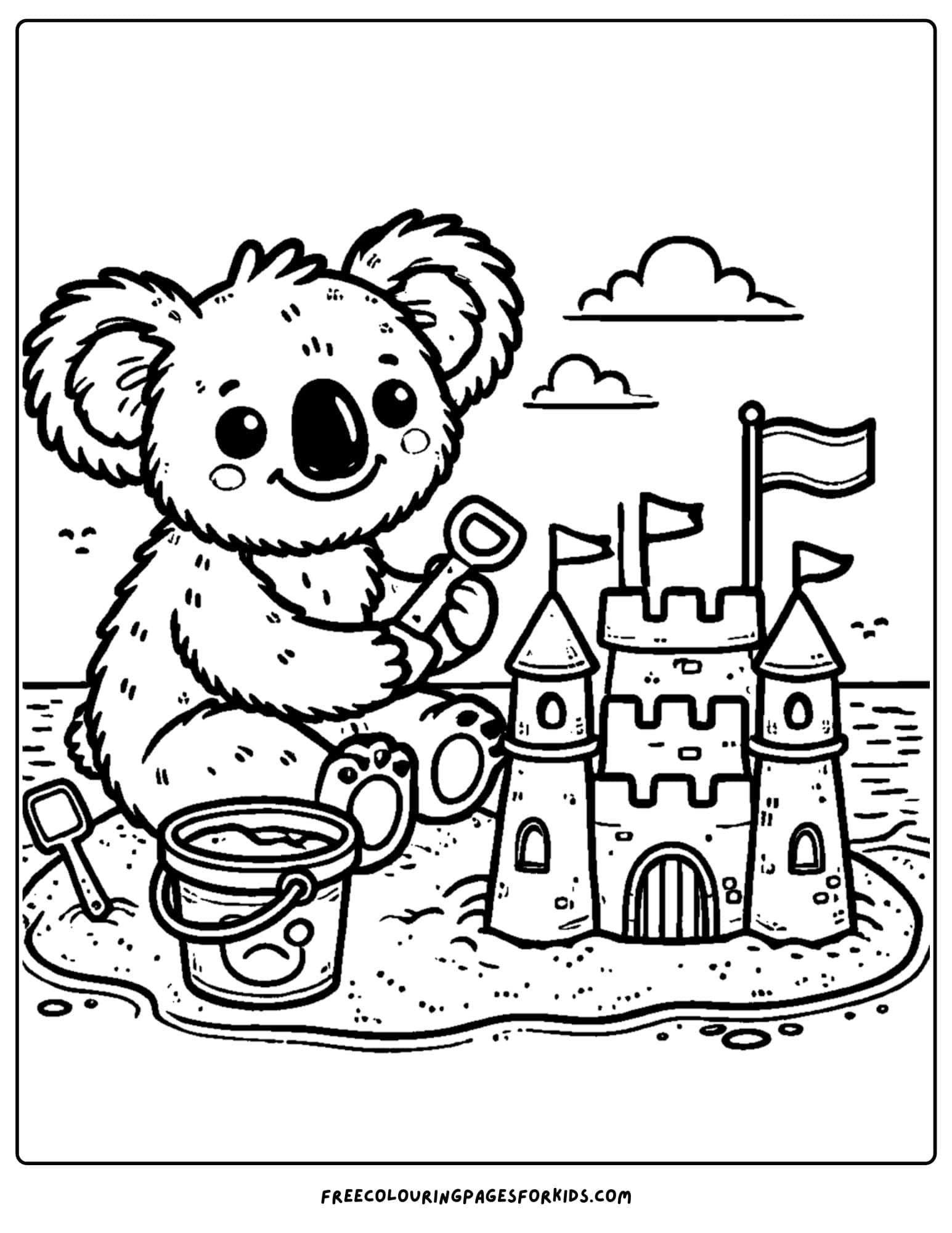 koala at the beach making a sandcastle coloring page