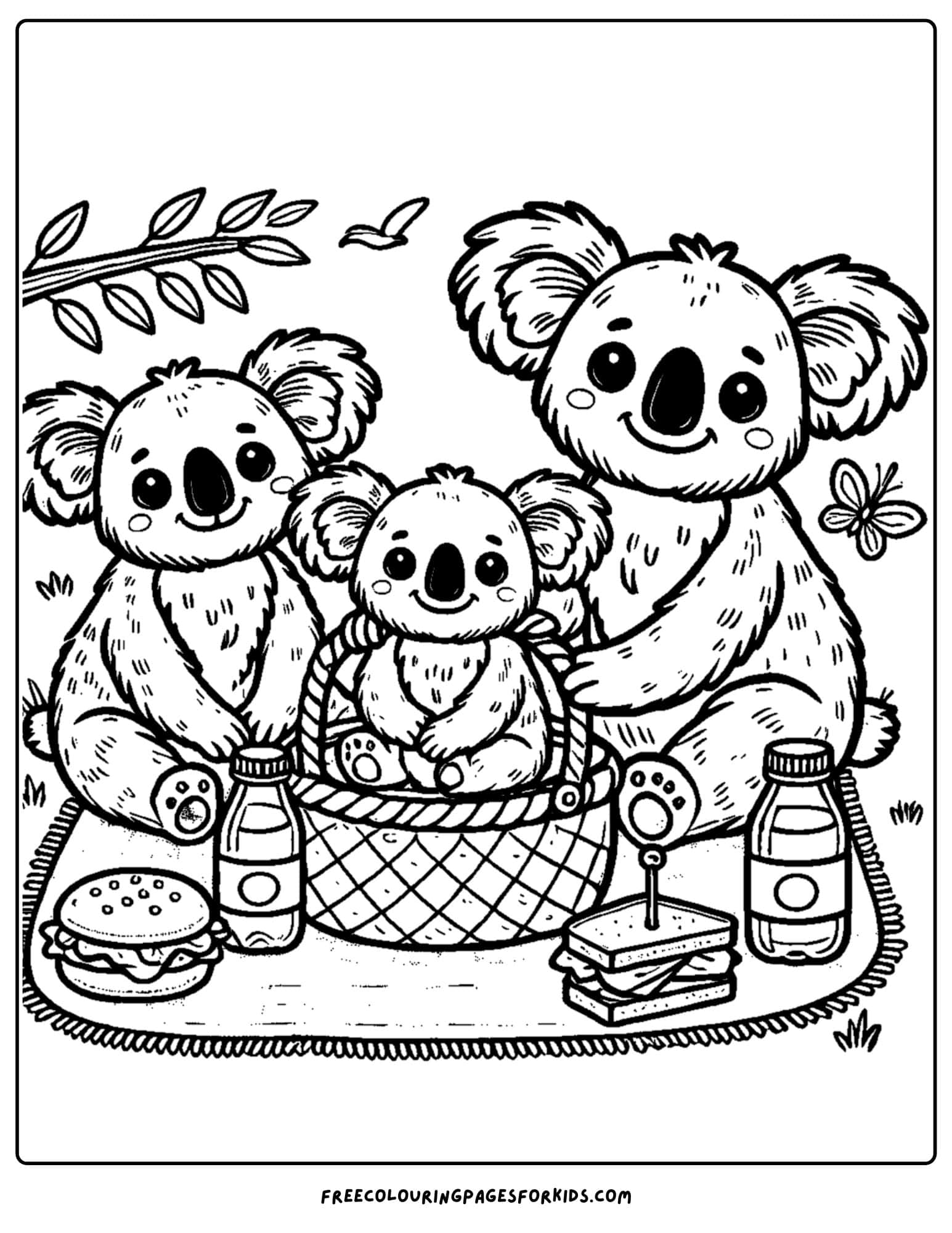 koala family having a picnic coloring page