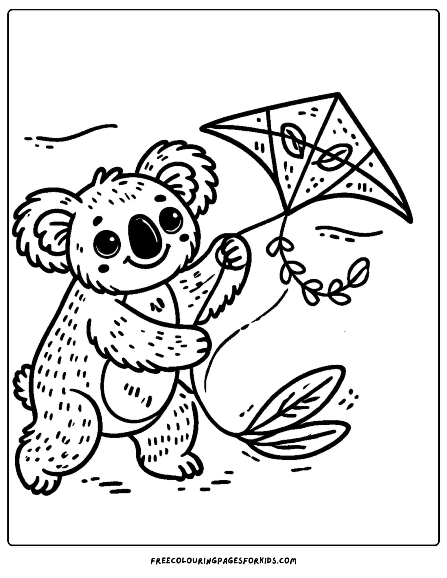 koala flying a kite coloring page