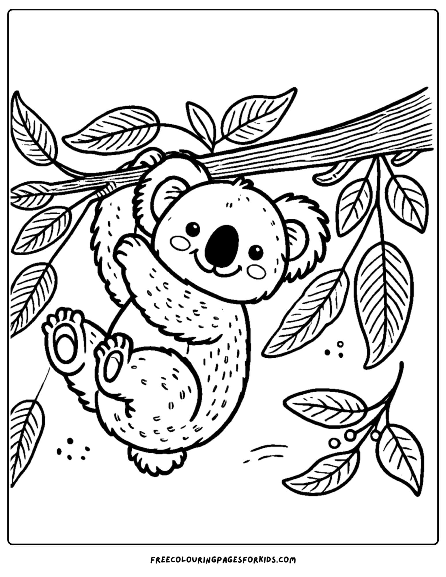 koala hanging from a tree with one hand coloring page