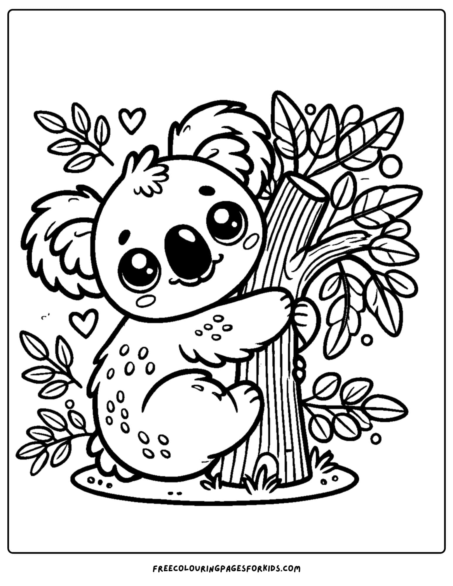 koala hugging a tree with leaves coloring page