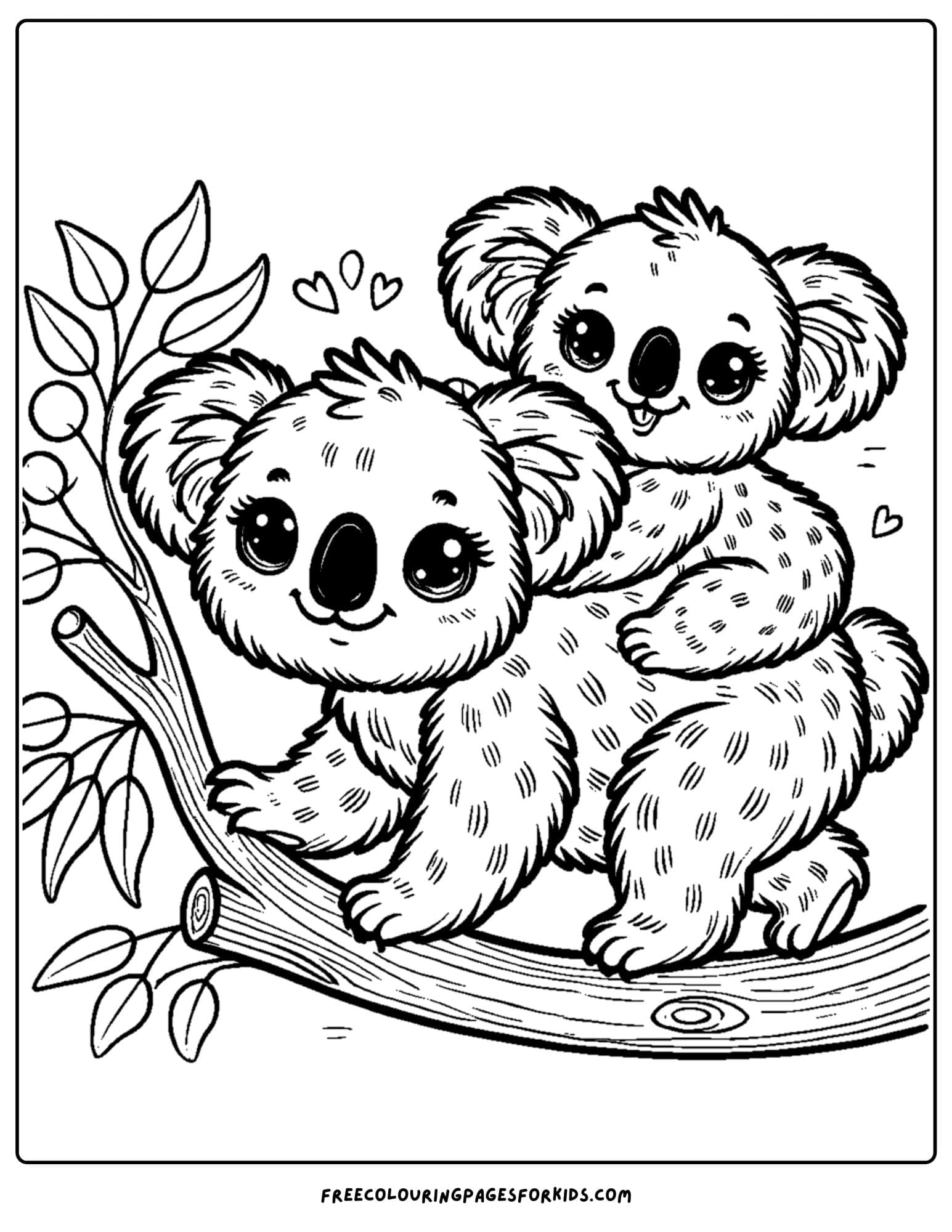 koala and her baby on her back on a tree branch coloring page