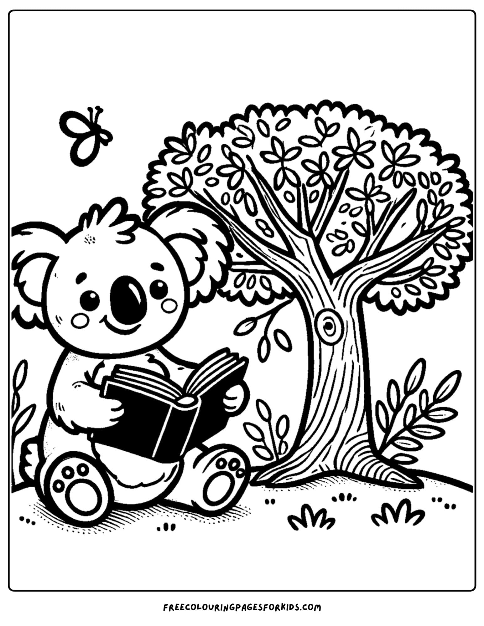 koala reading a book while sitting under a tree in the shade coloring page