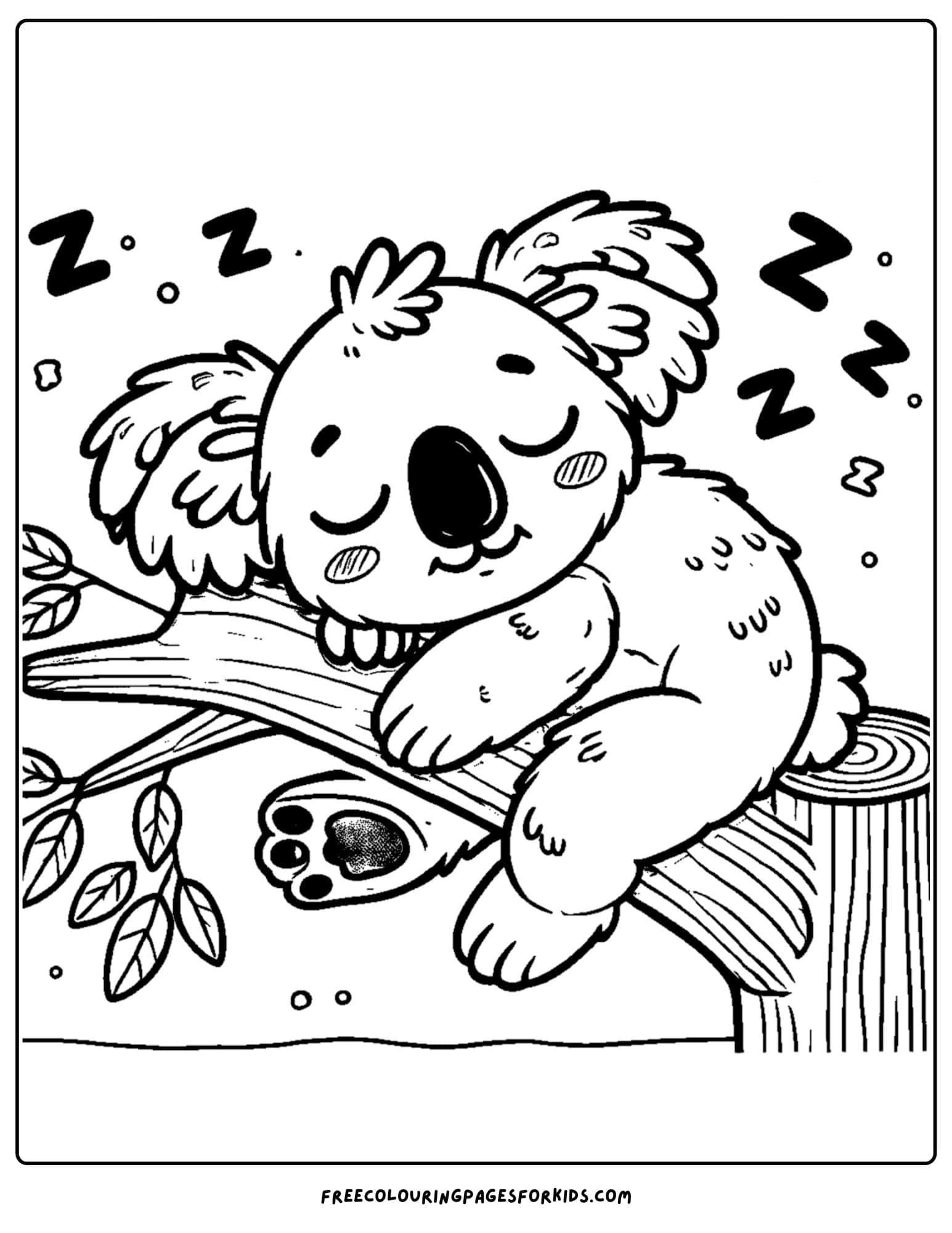 koala sleeping on a branch of a tree coloring page