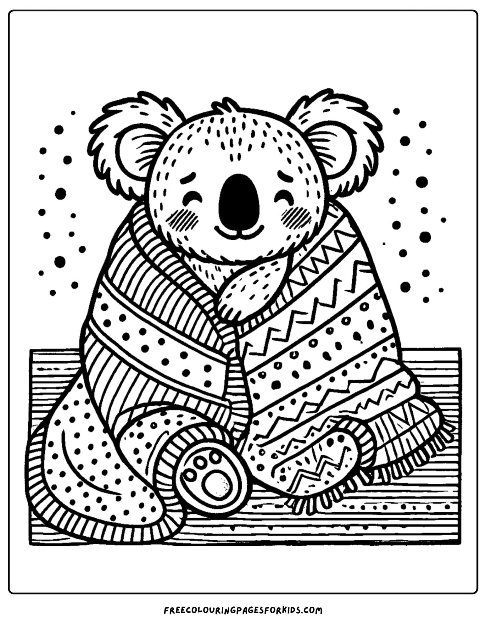 koala snuggled up in a blanket coloring page