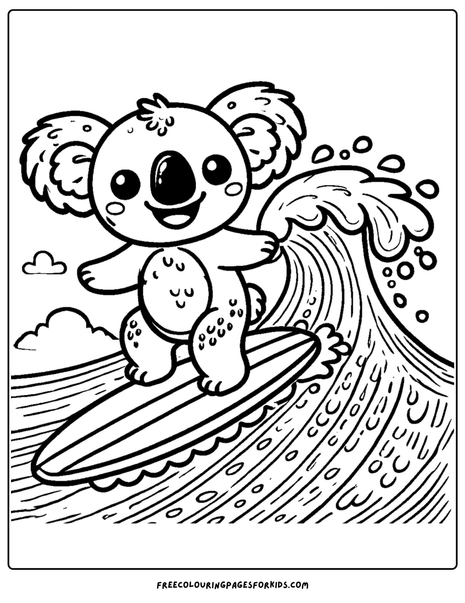 koala surfing on a wave coloring page