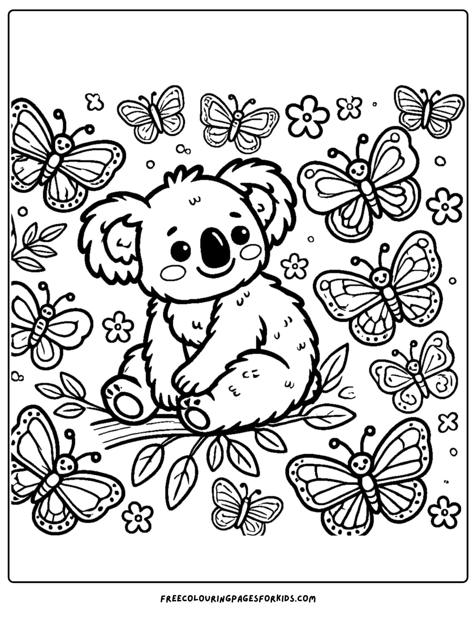 koala surrounded by butterflies coloring page