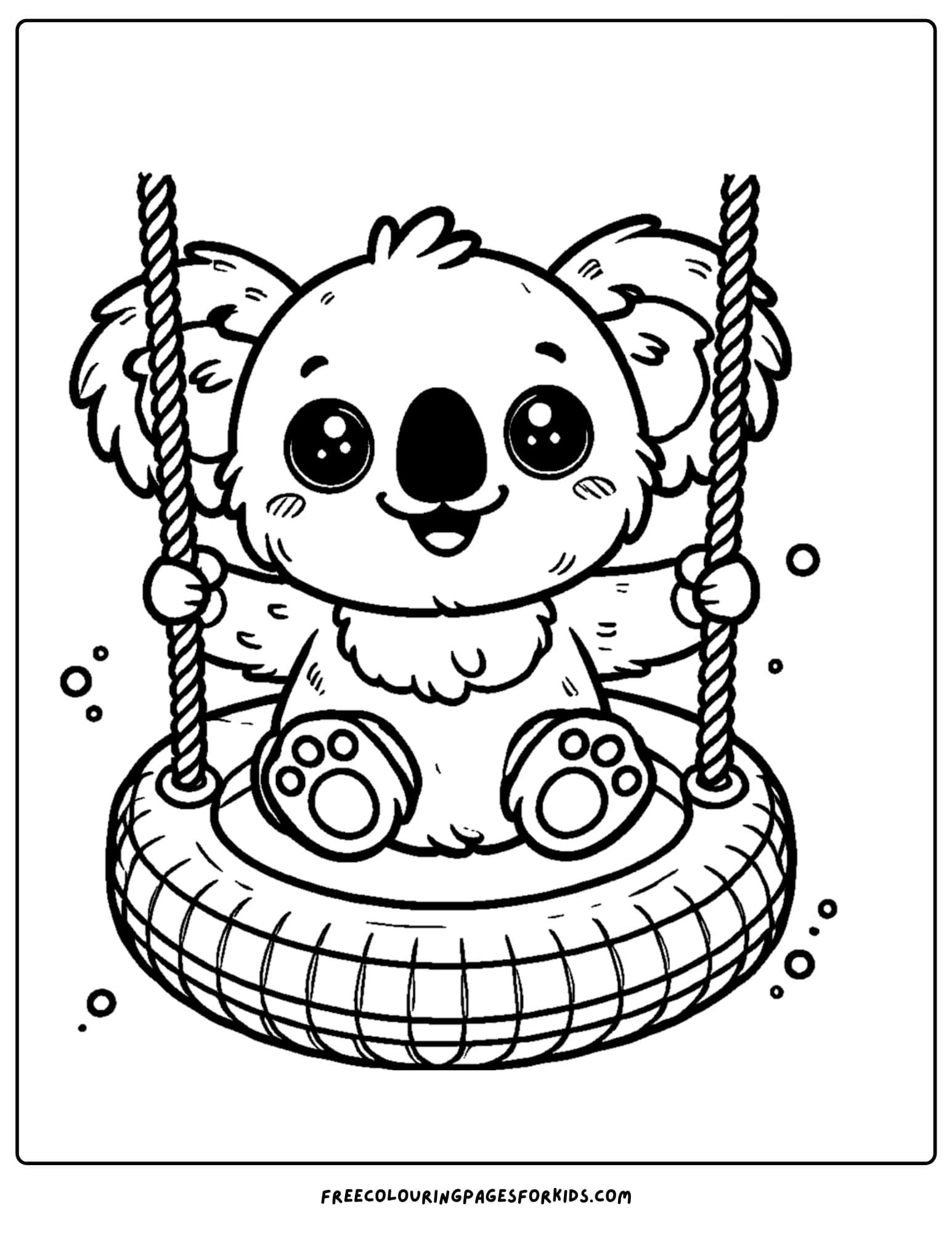 koala swinging on a tire swing coloring page