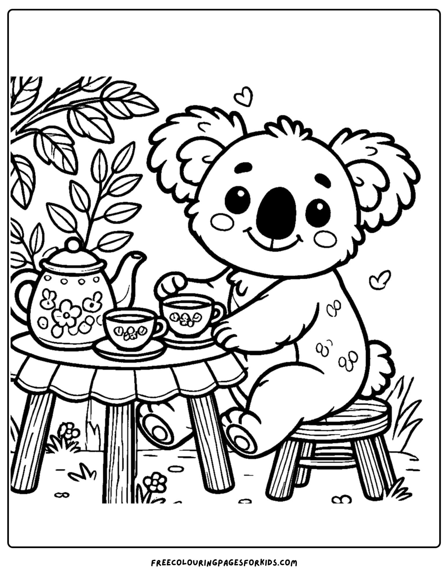 koala enjoying a tea party coloring page