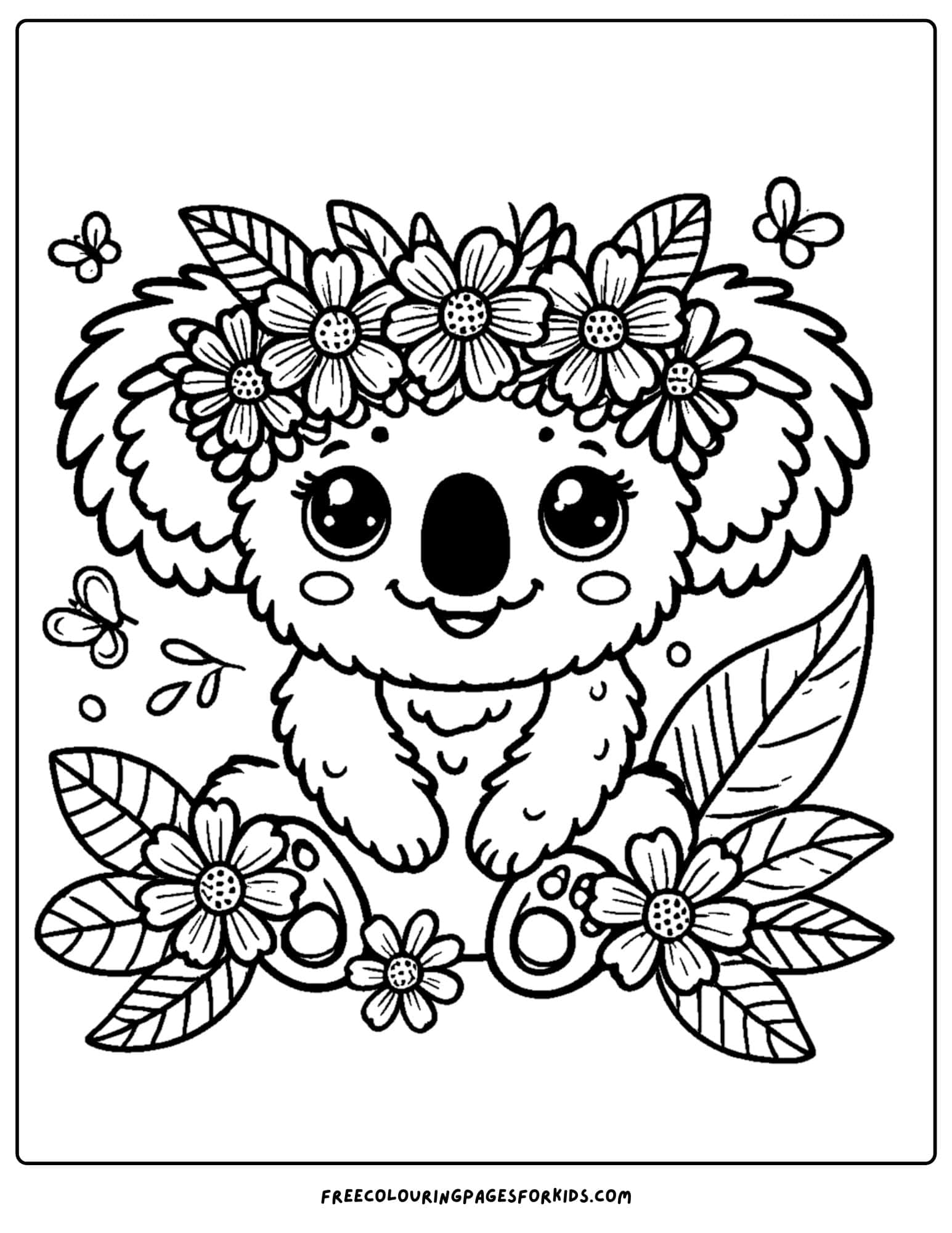 koala wearing a flower crown coloring page