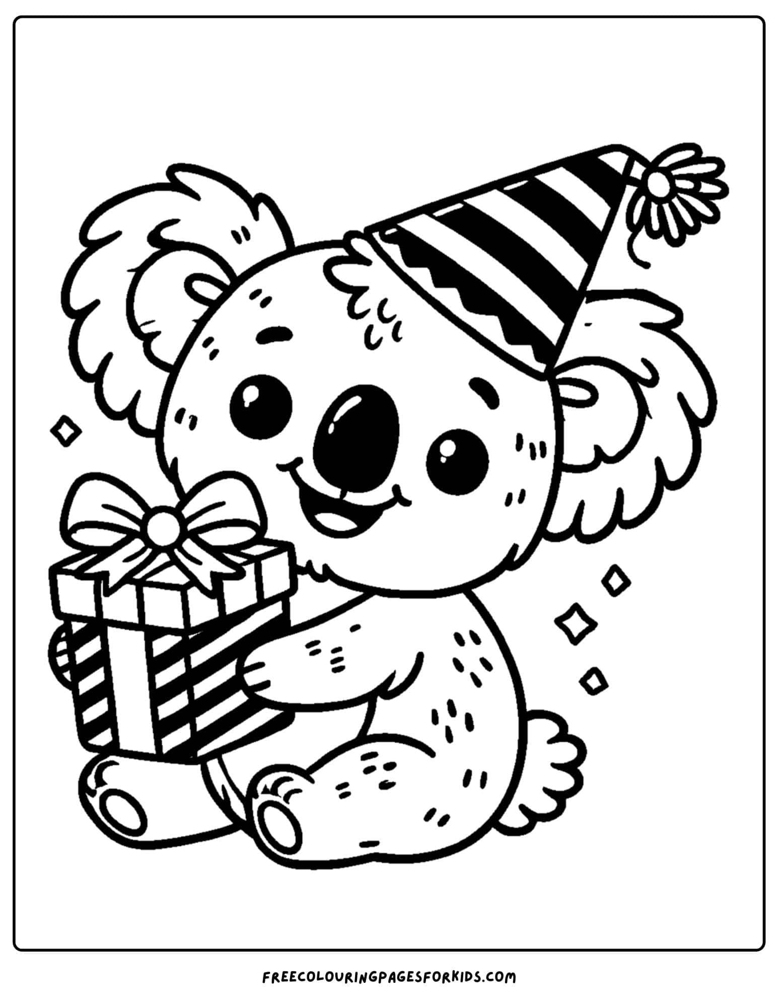 koala wearing a party hat and opening a present coloring page