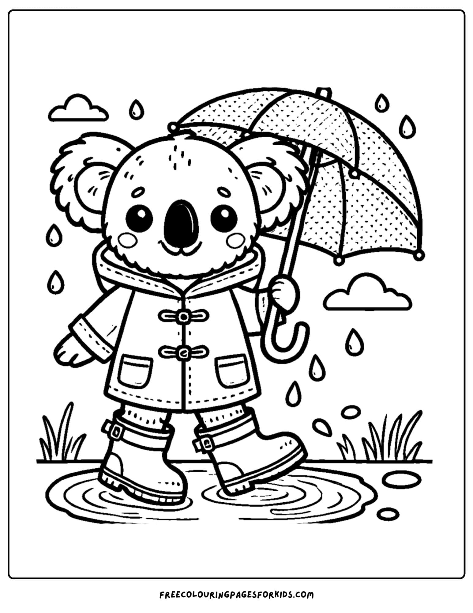 koala standing in the rain wearing a rain coat and holding an umbrella coloring page