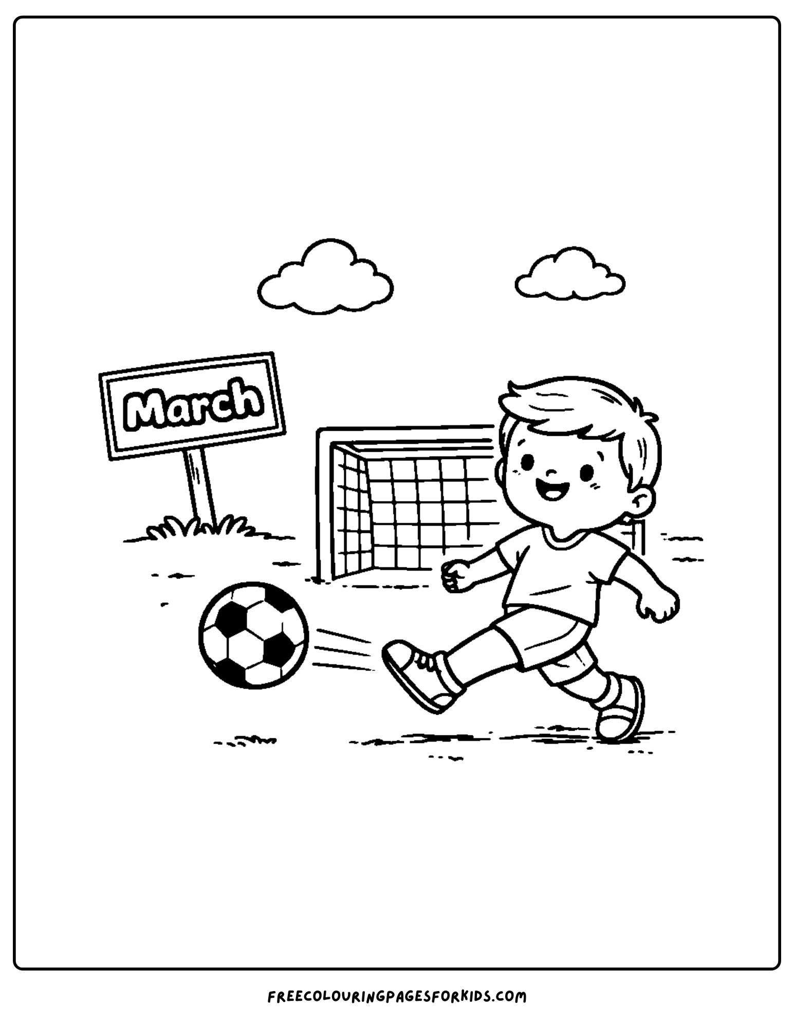 a coloring page for march showing a child kicking a soccer ball at a goal